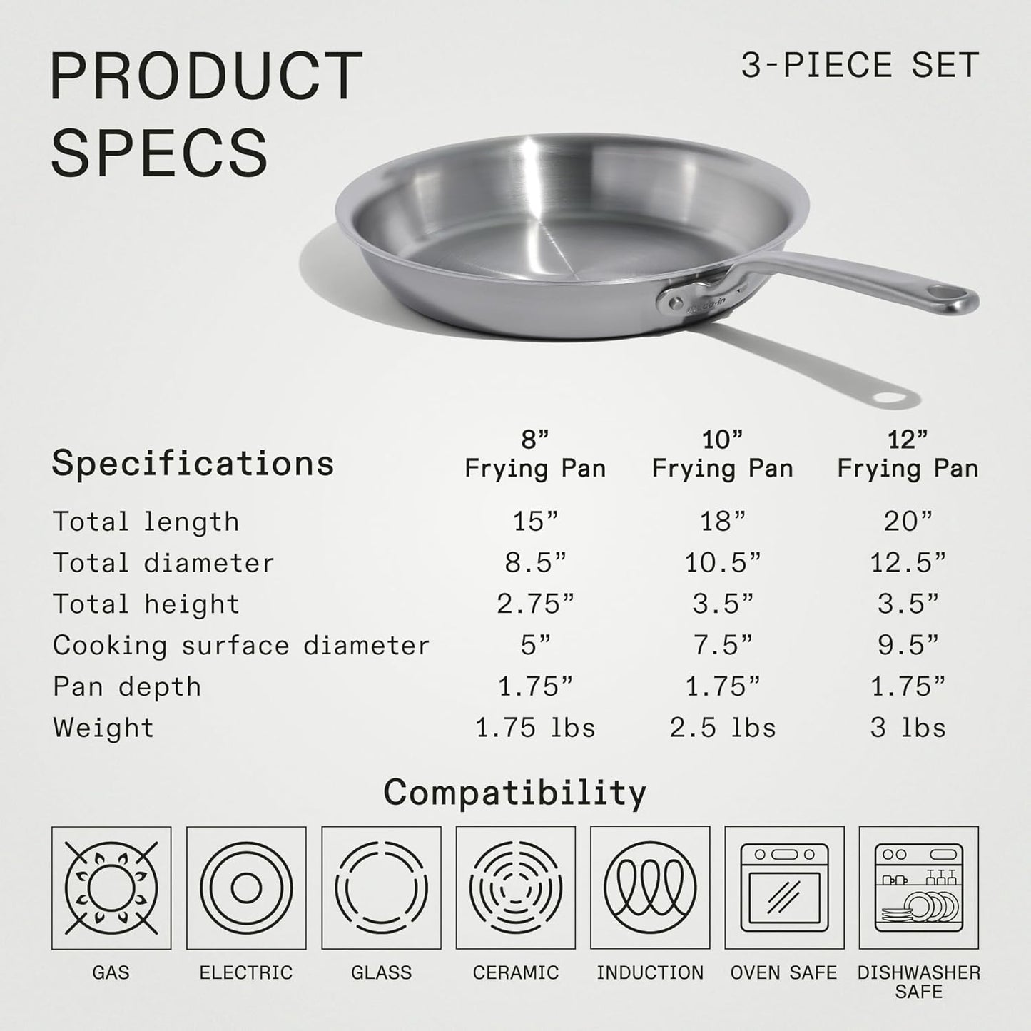 Made In Cookware - 3-Piece (Includes 8",10",12") Stainless Frying Pan Set - 5 Ply Stainless Clad - Professional Cookware - Crafted in USA - Induction Compatible
