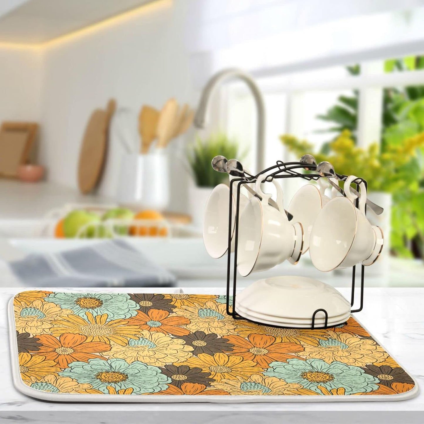 senya Super Absorbent Dish Drying Mat, Microfiber Fast-Drying 16'' x 18'', Kitchen Pad, Retro Flower Daisy
