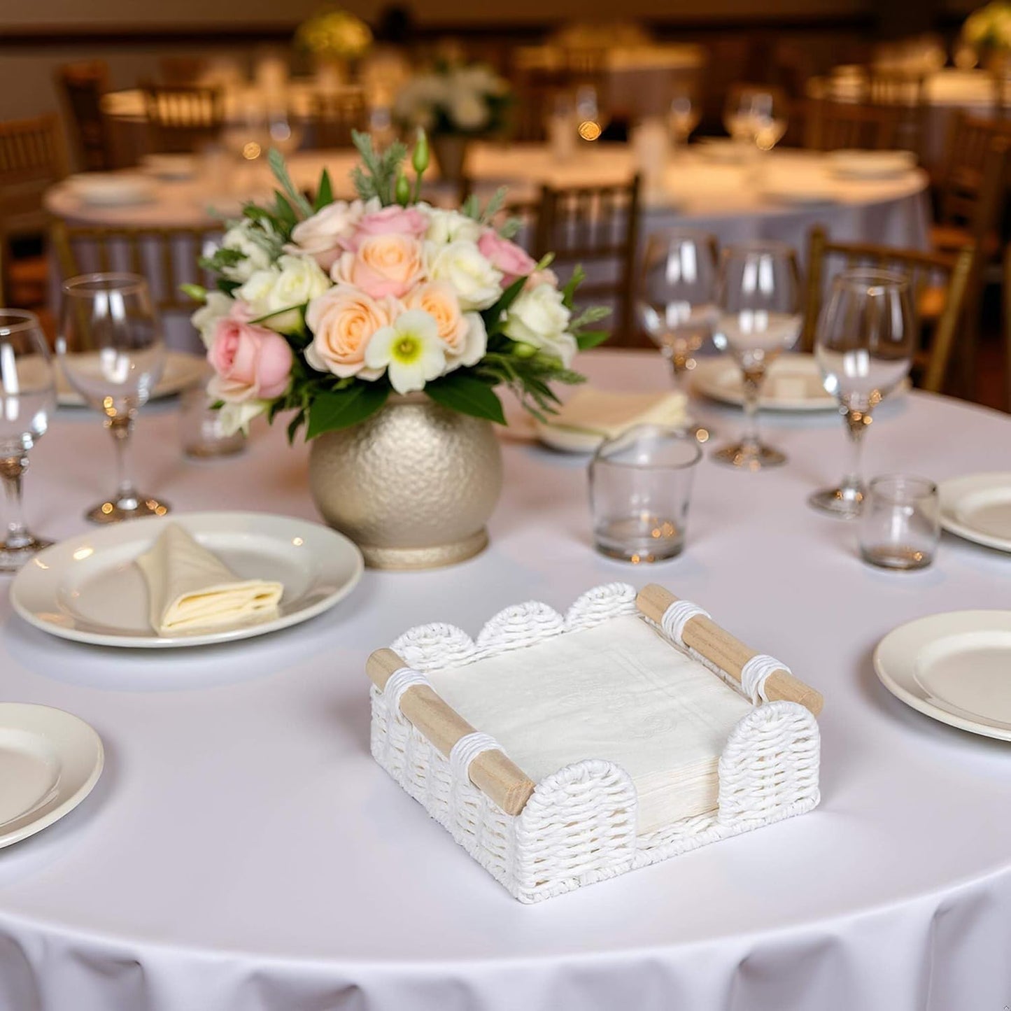 CubesLand Scalloped Napkin Holder for Table, Farmhouse Warming Home Kitchen Decor, Paper Rope Flat Napkin Dispenser Guest Towel Tray for Bathroom, Disposable Napkin Basket for Dining Table, White