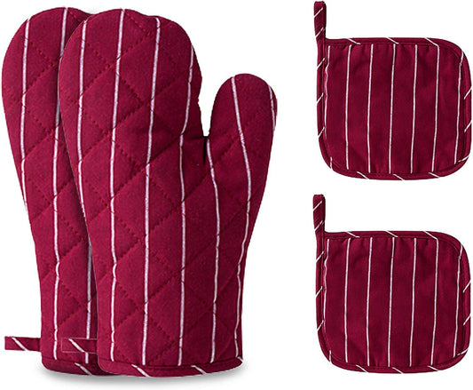 4Pcs Oven Mitts and Pot Holders, Heat Resistant Oven Mitts Set with Pothholder,Heat Resistant Microwave Gloves Safe for Baking,Cooking, BBQ (Red)