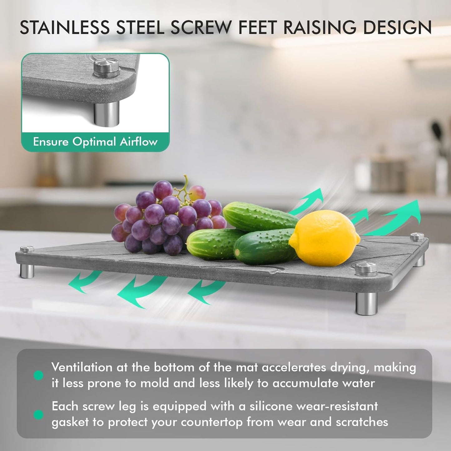 Stone Drying Mat For Kitchen Counter Superb Absorbent Diatomaceous Earth Mats with Non-Slip Feet Quick Dry Stone Dish Drying Pad Dish Pad Multi-Purpose(Flow Line-MediumGray, 15.7" x 11.8")