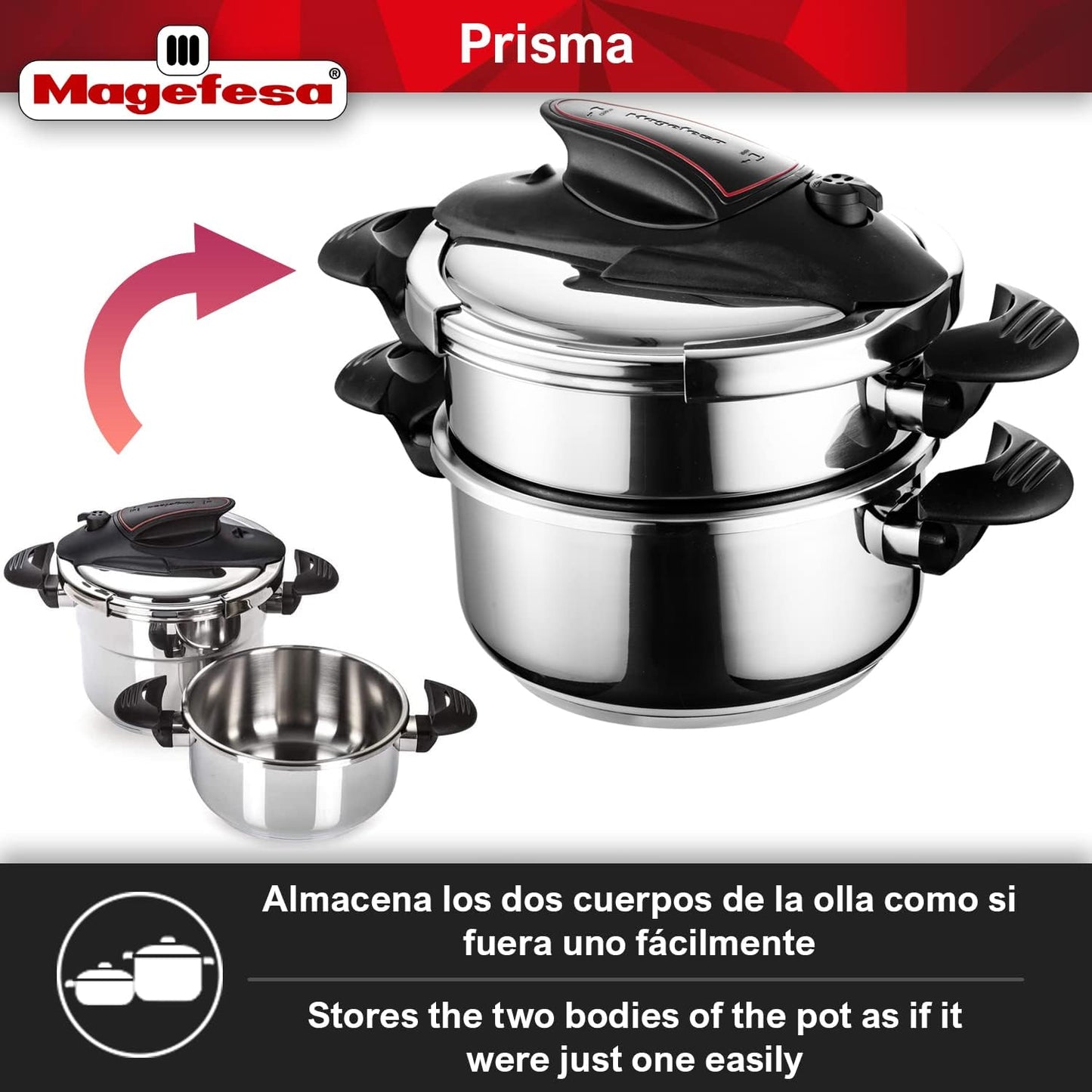 MAGEFESA Prisma Pressure Cooker, 4.2+6.3 Qt, 18/10 Stainless Steel, Easy Lock, Induction Compatible, 5 Safety Systems, 11.6 PSI