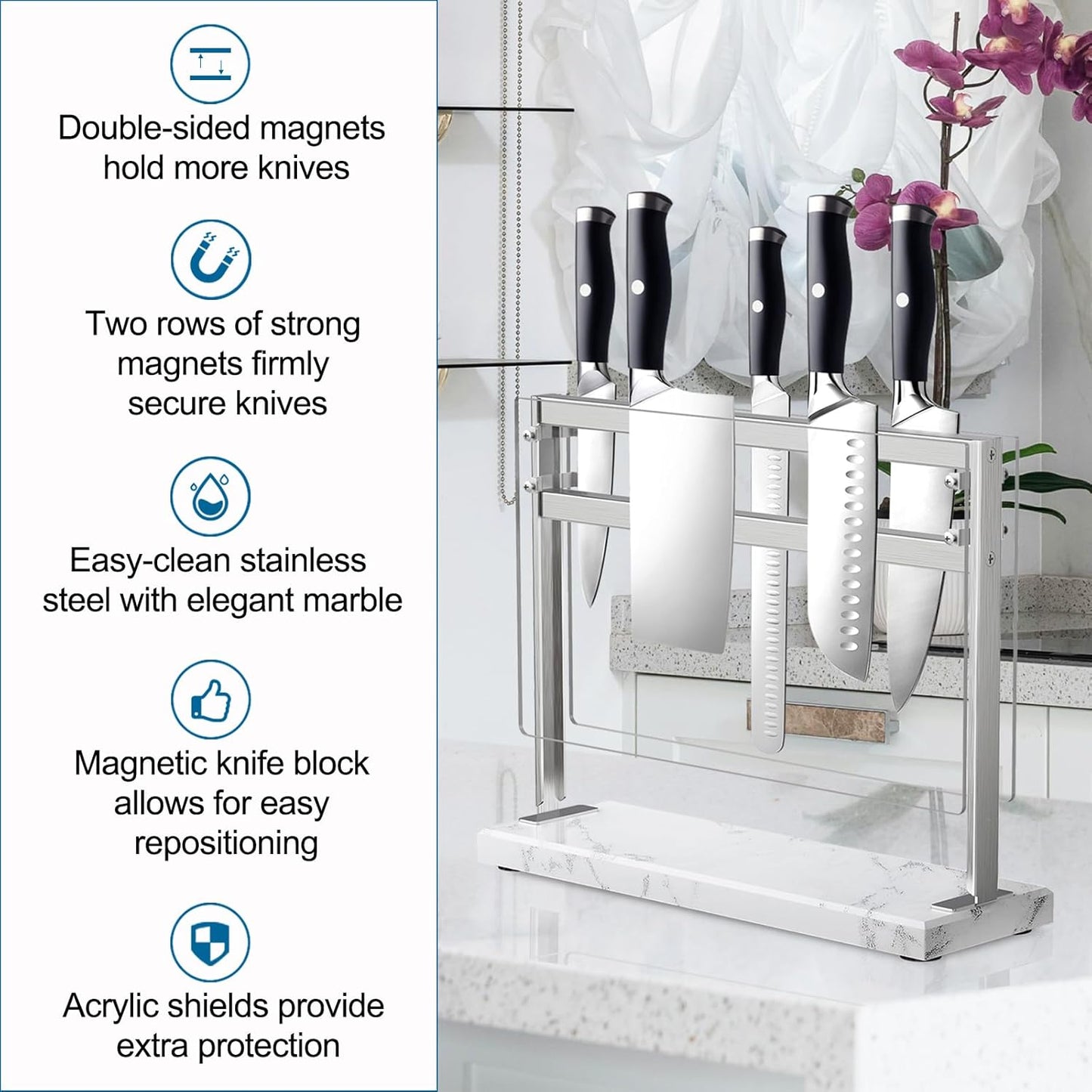 YIIYIIN Magnetic Knife Block with Acrylic Shield - Marble Based Double Side Magnetic Knife Stand - Kitchen Magnetic Knife Holder - Knife Storage - Knife Holders for Counter Top - White