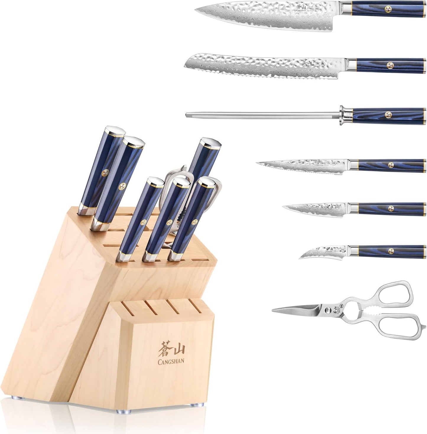 Cangshan KITA Series 8-Piece Knife Block Set with Empty Slots, High Carbon X-7 Damascus Steel 16-Slot, 503862 (Maple, 8pc)