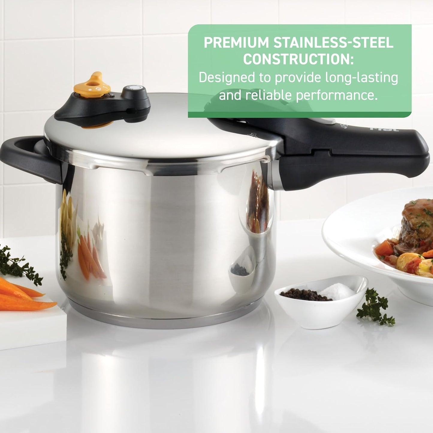 T-fal Ultimate Stainless Steel Pressure Cooker 6.3 Quart, Induction Compatible, Secure Locking Lid, Safe & Easy to Use, Cookware, Pots and Pans, Kitchen, Dishwasher Safe, Silver