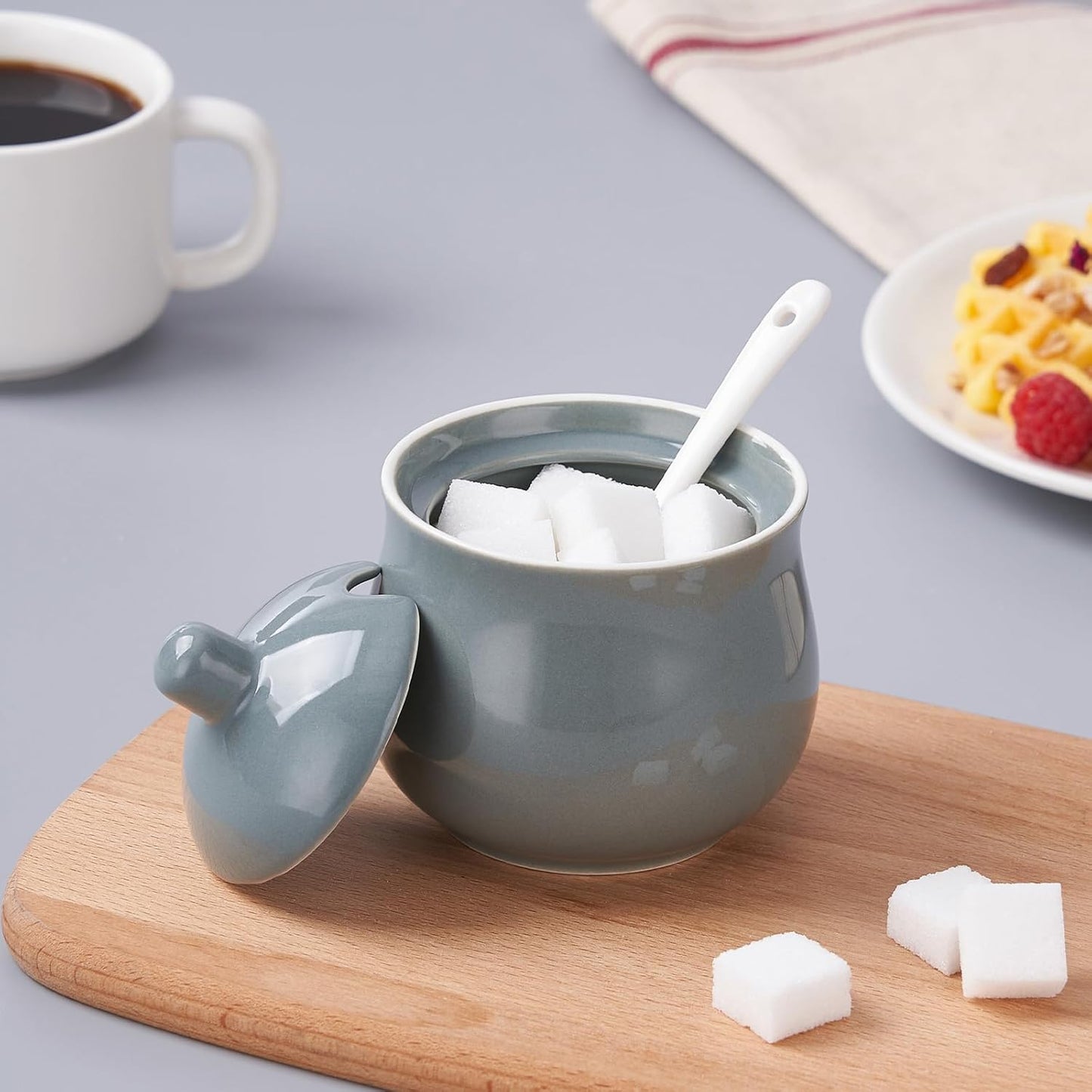 Ceramic Sugar Bowl with Lid and Spoon, Grey Porcelain Sugar Salt Pepper Storage Jar, 8 Ounces