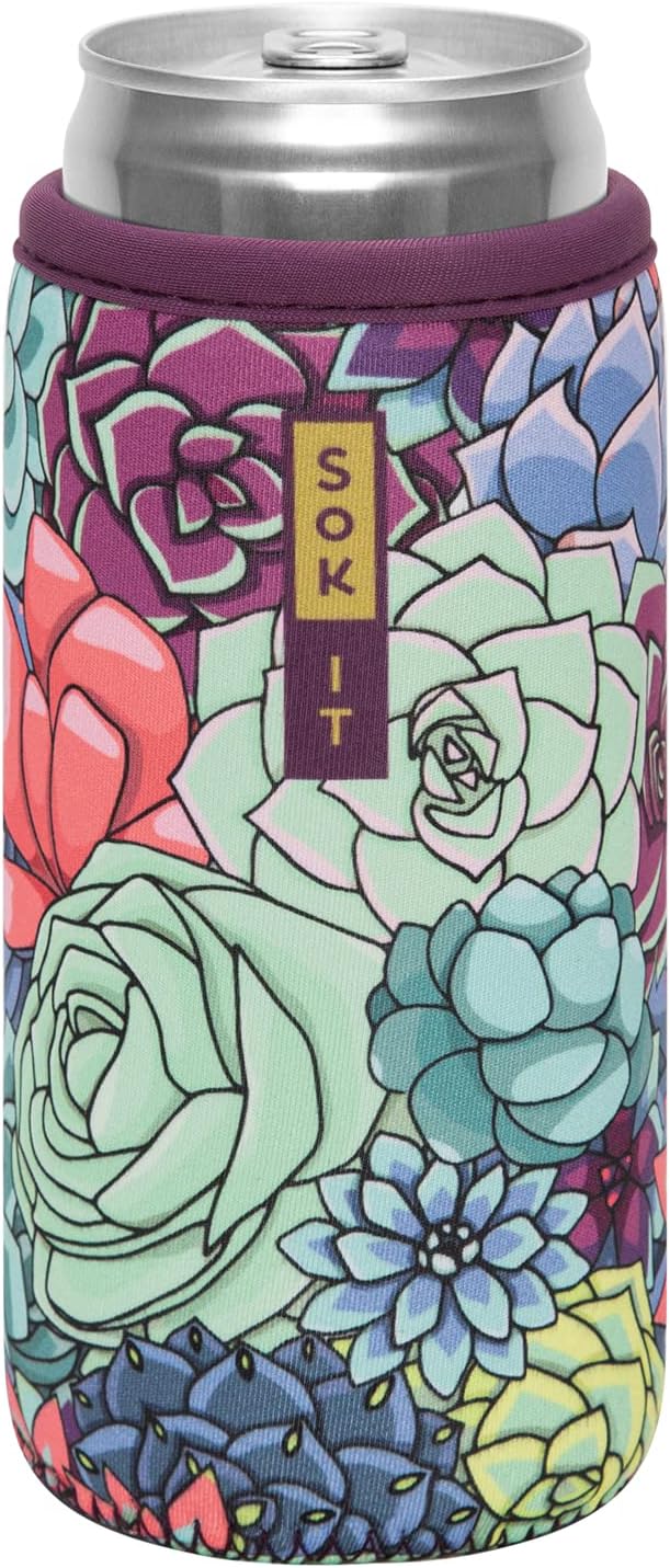 Sok It CanSok Sleeve for Beer & Soda Insulated Neoprene Cover (Succulents, 12oz Slim Can Sleeve)