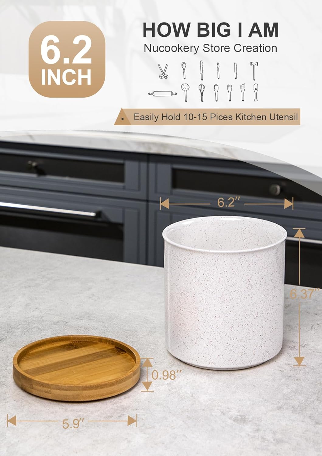 Nucookery 360°Rotating Utensil Holder, 7.2" Large Utensil Crock, Ceramic Cooking Utensil Organizer with Countertop-Protection Cork Bottom for Farmhouse Kitchen Decor Christmas Thanksgiving Gift (Sand)