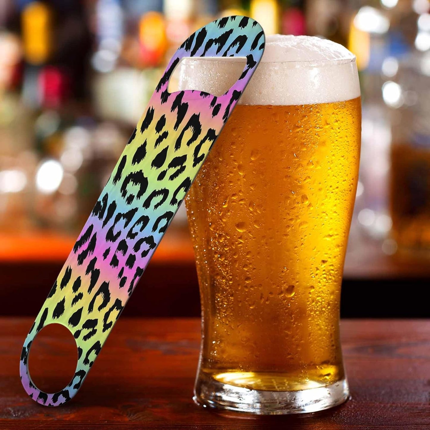 Leopard Print Stainless Steel Bottle Opener Rainbow Colors Leopard Trendy Black Spots Fur Jaguar Wild Animal Flat Beer Bottle Opener Keychain for Home Kitchen Bar Restaurant Party Gift