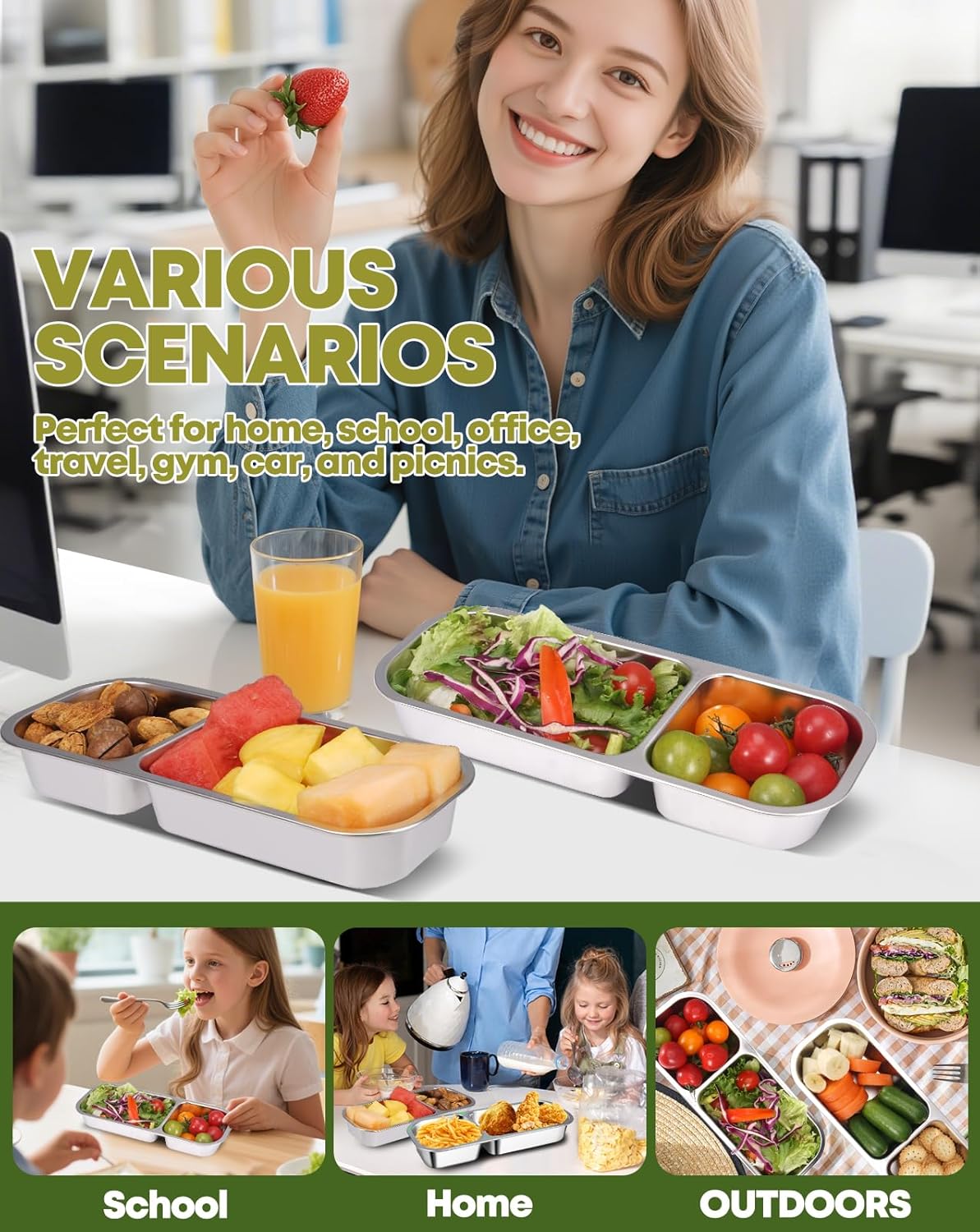 2Pack Stainless Steel Snack Containers for Kids Adults, Reusable Double Compartment Snackle Box Container with Leakproof Lids Metal Bento Lunch Food Snack Box for Travel Picnics Camping Office School