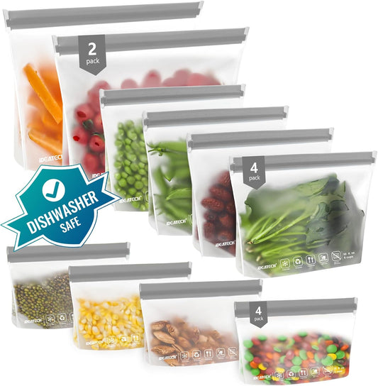 IDEATECH 12Pack Food Storage Bags Dishwasher Safe, BPA Free Gallon Freezer Bags, Reusable Snack Bags, Leakproof BPA Free Reusable Baggies for Lunch,Travel(2Gallon 4Quart 4Snack, Grey)