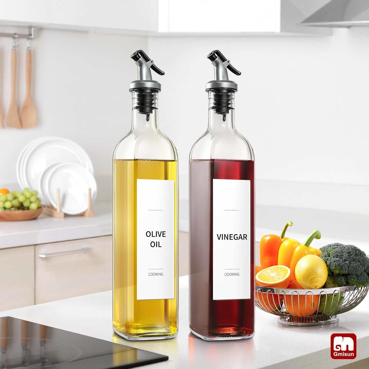 GMISUN Olive Oil and Vinegar Dispenser Bottle Set, 2Pack Oil and Vinegar Dispenser Bottle, 17oz Kitchen Oil Dispenser, Glass Cooking Oil Dispenser, Clear Glass Bottles for Oil with Funnel and Labels