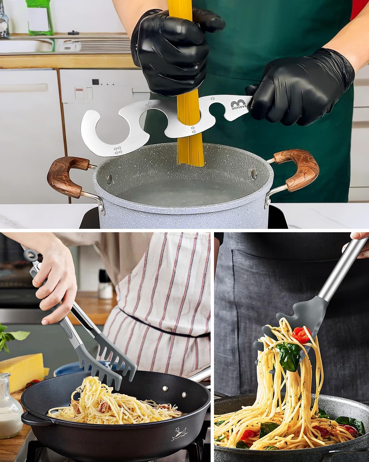 Silicone Spaghetti Spoon & Pasta Tong With Pasta Measurer, 3 Pack of Non-Stick Stainless Steel Handle Pasta Fork Set with Teeth, Food Clip for Easy Serving of Noodles (GREY)