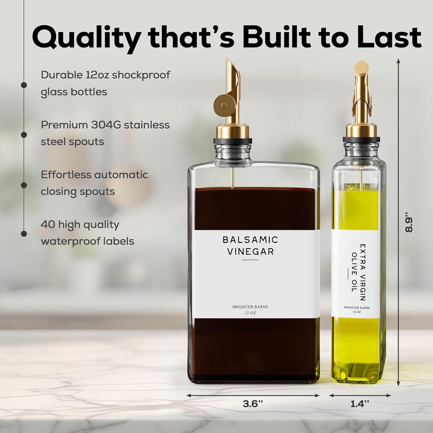 Glass Olive Oil Dispenser Bottle for Kitchen by Brighter Barns - Coffee Syrup Dispenser, Oil and Vinegar Bottle - Modern Kitchen Essentials for Home, Restaurant, Coffee Bar, Airbnb (Clear, Set of 2)