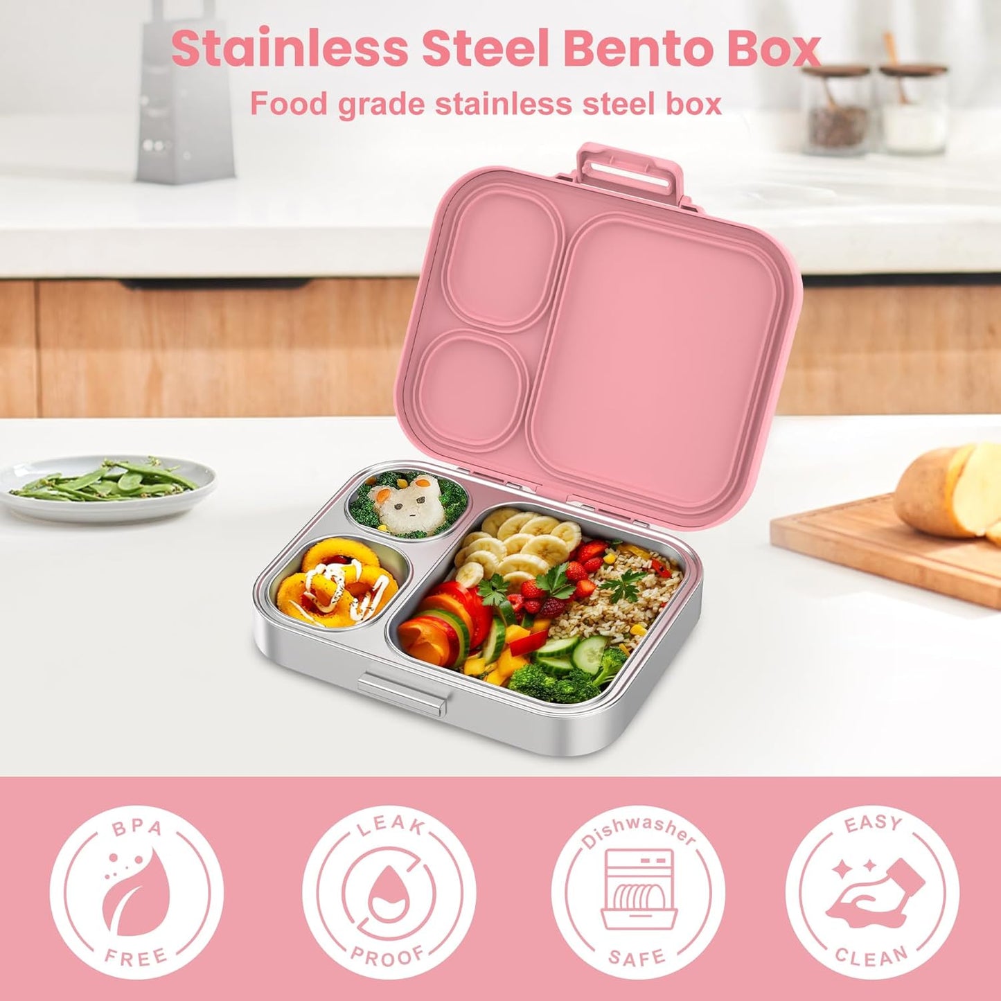 Stainless Steel Bento Lunch Box for Kids | 3-Compartment Lunch Box Container Kids | 100% Leakproof, Dishwasher-Safe, Eco-Friendly, Perfect Portion Control for Kids&Adult Healthy Meals (Pink)