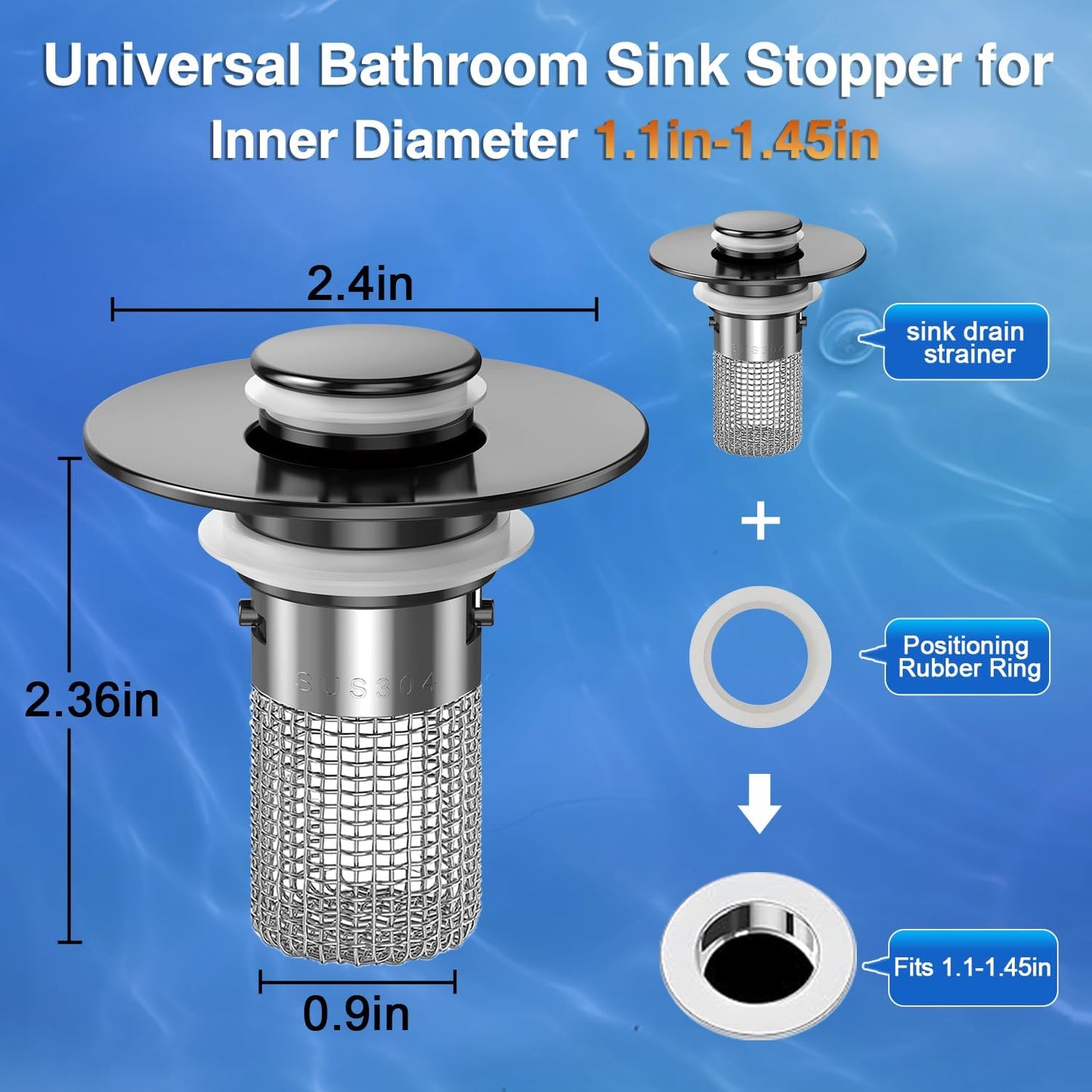 Sink Stopper Hair Catcher, Pop-up Sink Drain Strainer with Removable Stainless Steel Strainer Basket Hair Catcher, Bathroom Sink Strainer for Bathroom Sink Stopper Replacement (Matte Black)