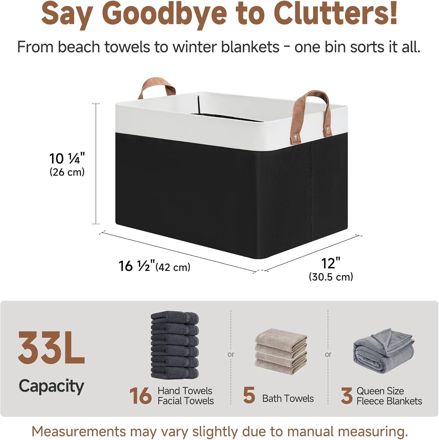 StorageWorks Storage Bins, Fabric Storage Bins for Shelves, Large Storage Baskets with Metal Frame, Closet Baskets and Bins with Handles, Black and White, 2-Pack