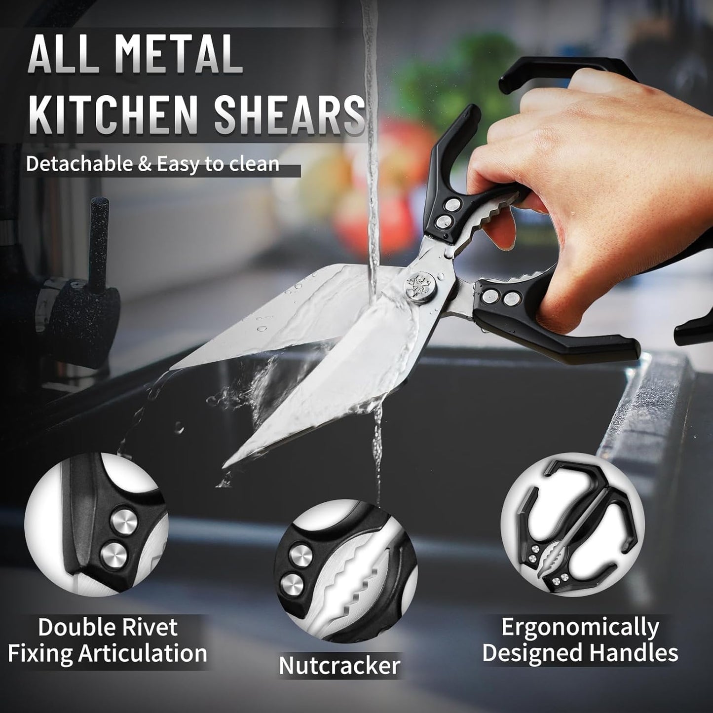 Dream Reach Kitchen Scissors for Food Heavy Duty Poultry Shears with Ergonomic Handle, Japanese High-Carbon Steel Culinary Shears for Chicken, Meat, Seafood, Bone Cutting, Gift Box Included (Black)