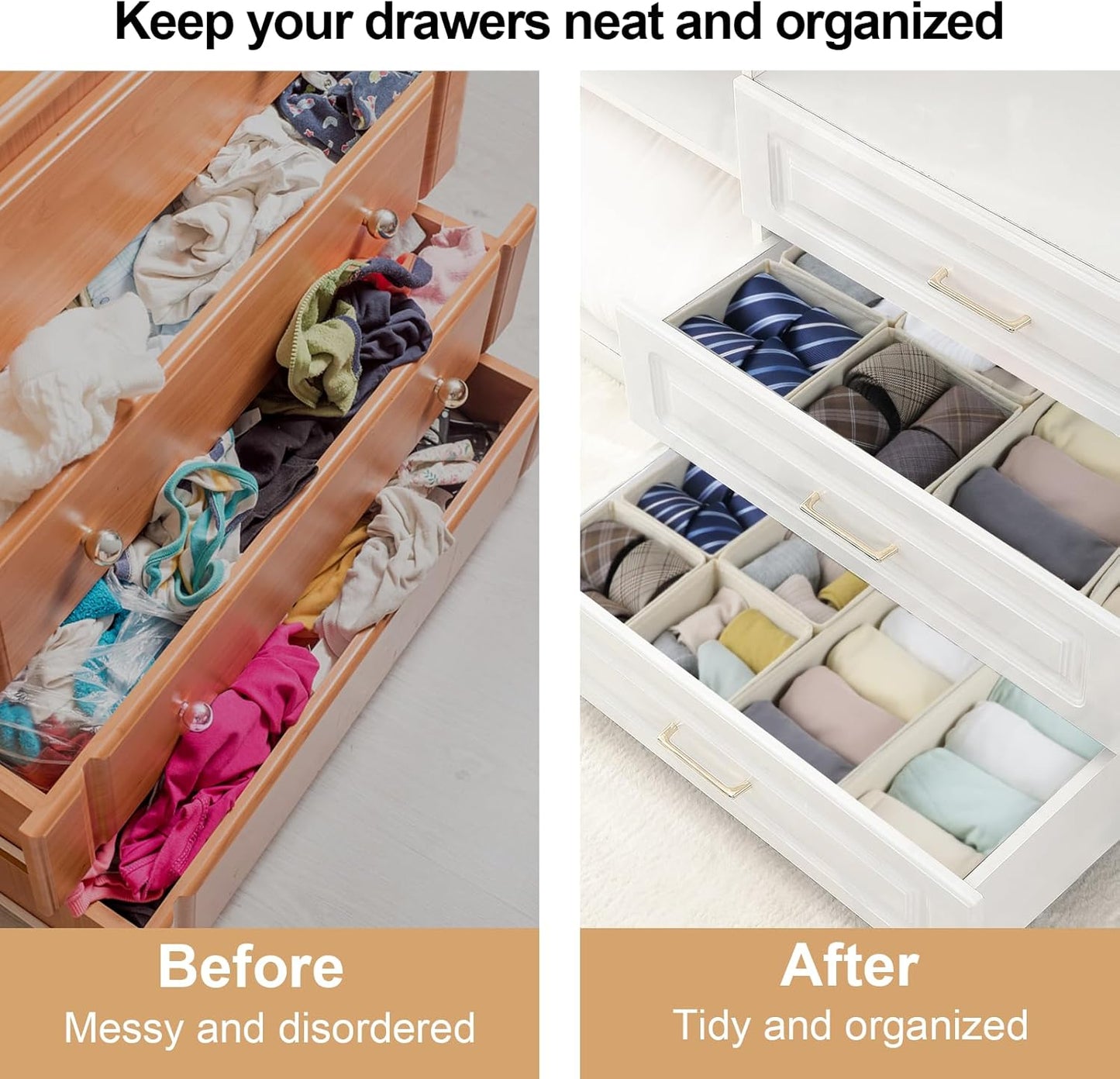 Set of 12 Drawer Organizer, Fabric Closet Organizer and Storage Baskets,Foldable Drawer Divider for Clothing,Sock,Ties,Underwear Drawer Organizers,Set of Cabinet Storage Boxes (Beige)