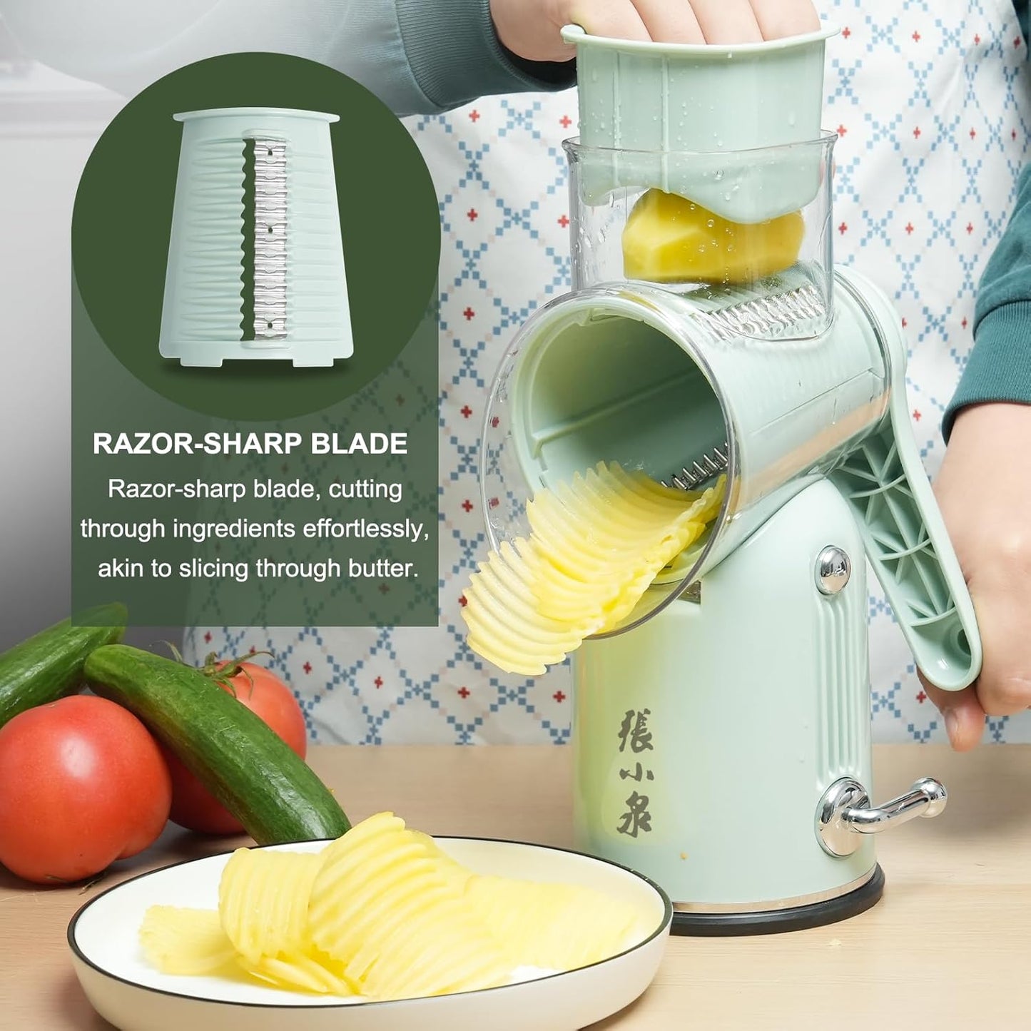 ZHANG XIAO QUAN SINCE 1628 5-in-1 Interchangeable Blades Rotary Cheese Grater Hand Crank, Cheese Shredder Mandoline Vegetable Julienne Slicer Cutter Nut Chopper with Anti-Slip Base, Blade Storage