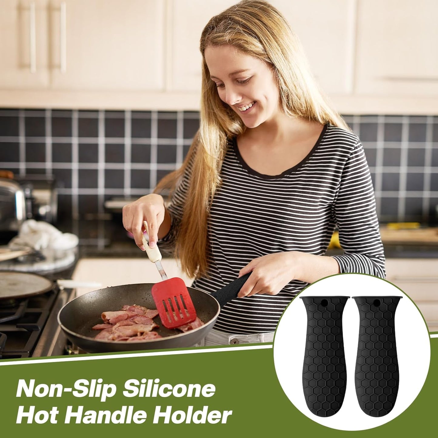 Patelai 2pcs Silicone Handle Cover for Cast Iron Skillet Kitchen Silicone Handles for Pots and Pans Non-Slip Pot Holder Sleeve for Fry Pan Griddles Metal Aluminum Cookware(Black)