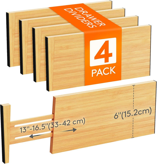 Lifewit 4 Pack 6" Deep Bamboo Drawer Dividers, 13-16.5" Expandable Drawer Organisers for Clothes, Adjustable Dresser Drawer Divider, Clothing Drawers Separators for Dresser, Bedroom, Bathroom, Office