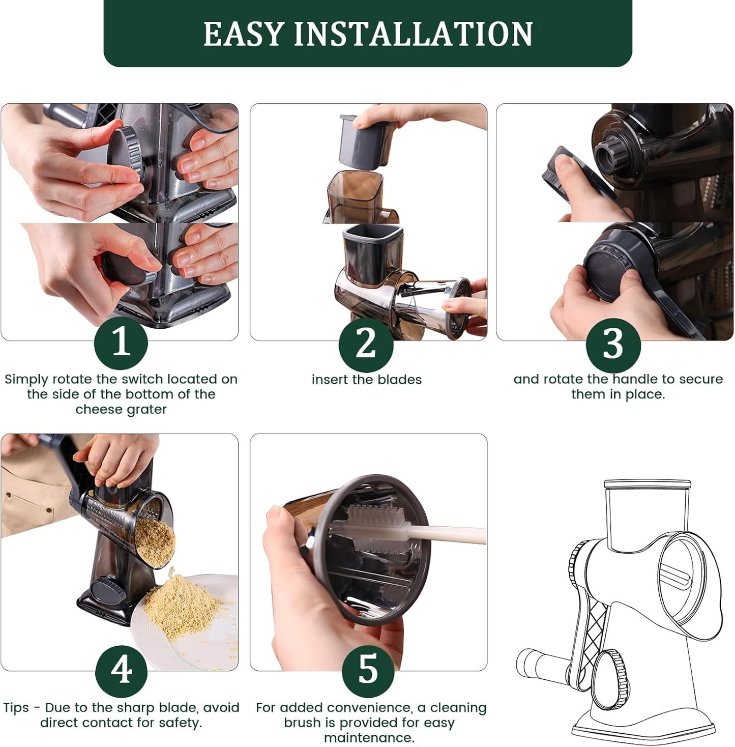 HANSGO Rotary Cheese Grater, Hand Crank Cheese Shredder, Vegetable Slicer for Kitchen, 3 Interchangeable Blades for Potatoes Carrots Onion Zucchini Nuts Chocolate Fruits, Black