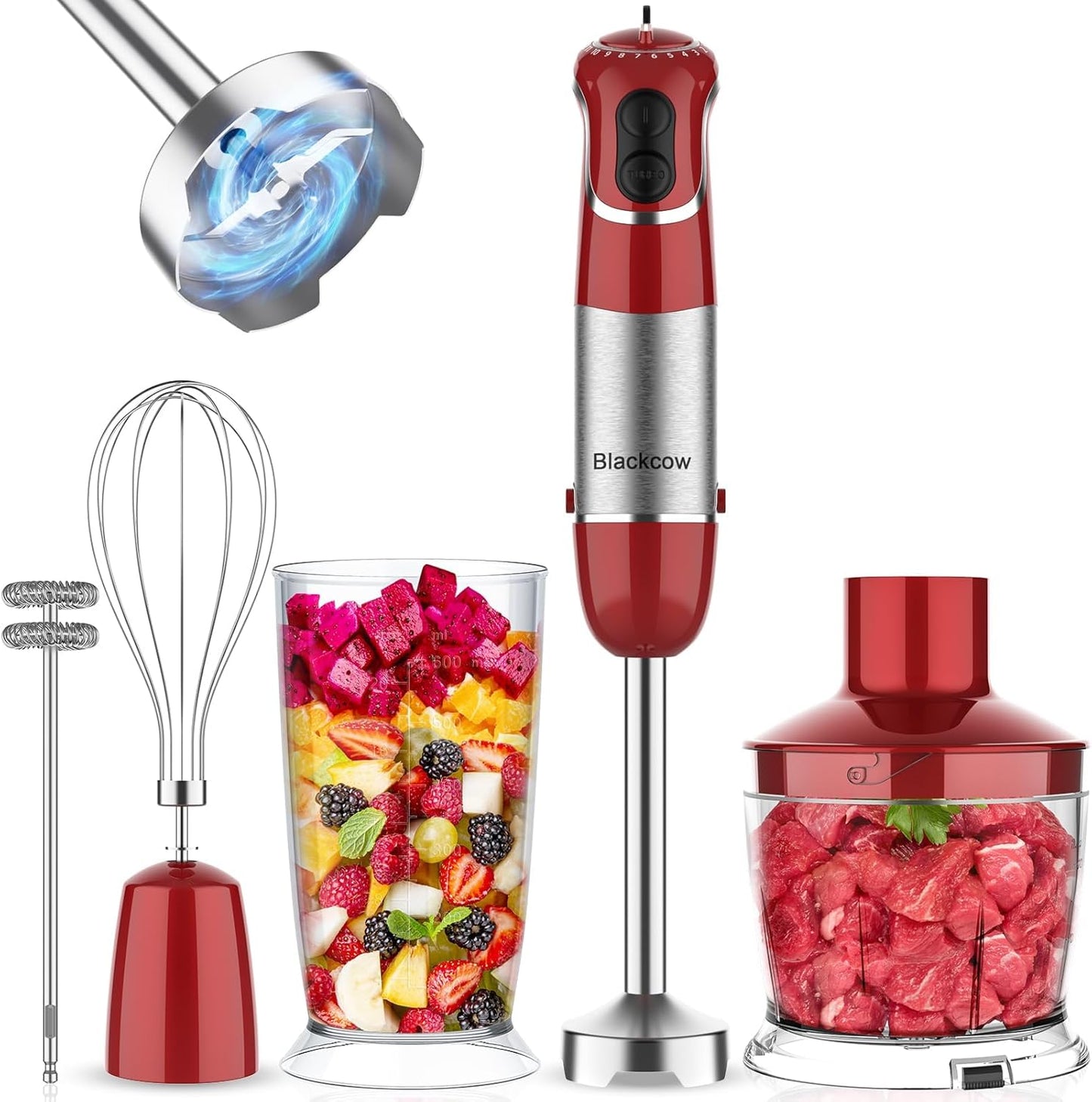 Multi-Use 5 in 1 Immersion Blender 3.0, BPA-Free, 800W 12 Speed Hand Blenders for Kitchen, Copper Motor Stainless Steel Blade Emulsion Blender Handheld with Chopper, Whisk and Frother, Red