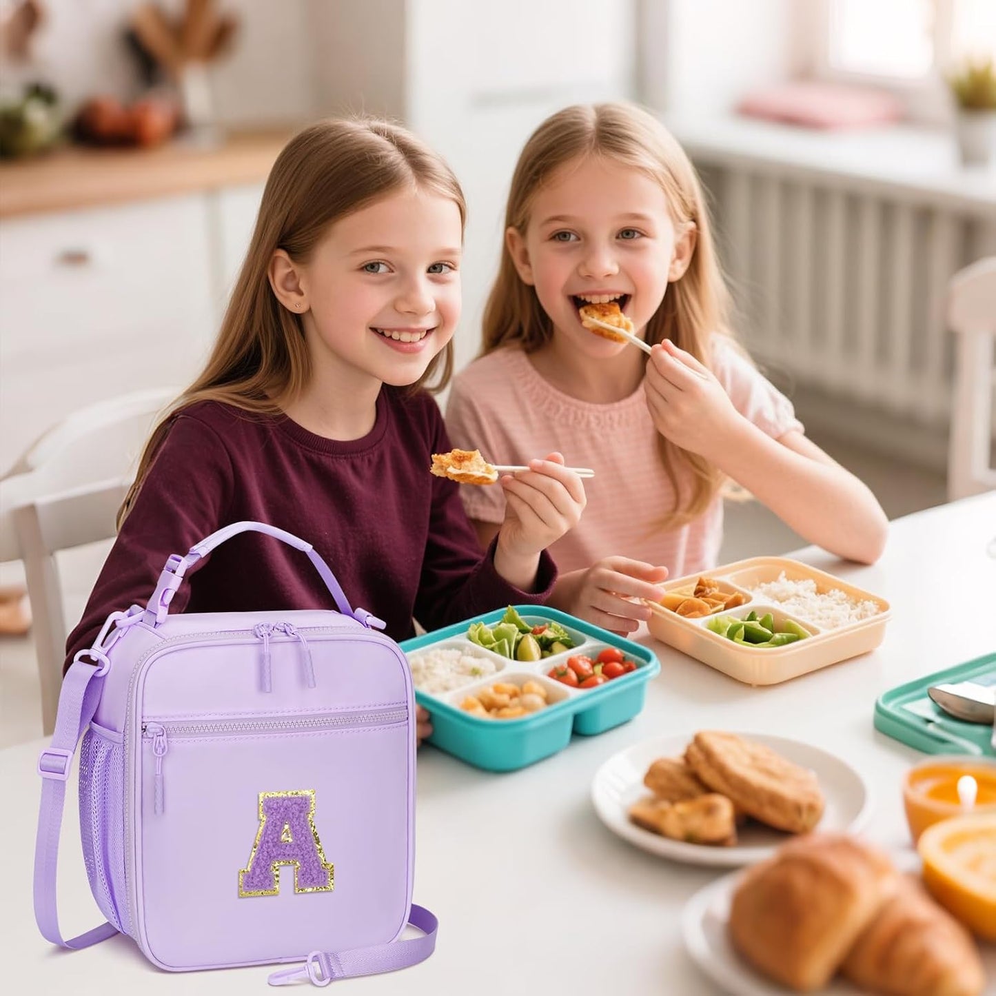Initial Insulated Lunch Bag for Girls Kids, Back to School Gift, Reusable Leak-proof Lunch Box with Adjustable Strap for School Daycare Travel Picnic (Purple,A)