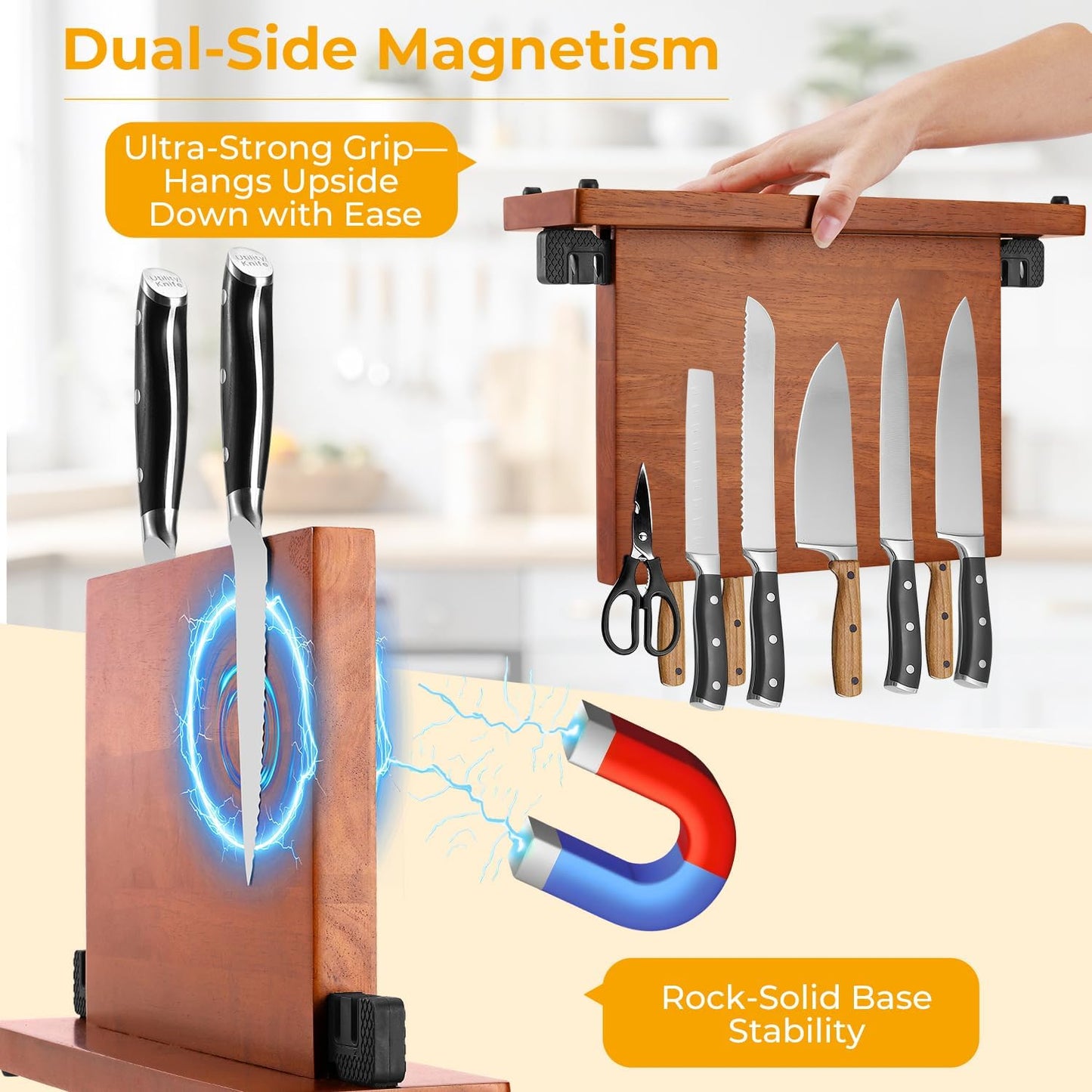 Magnetic Knife Block with Built-in Sharpener, Double-Sided 360° Magnetic Holder & Knife Sharpening Stone, Rubber Wood Countertop Storage Organizer, No Knives Included