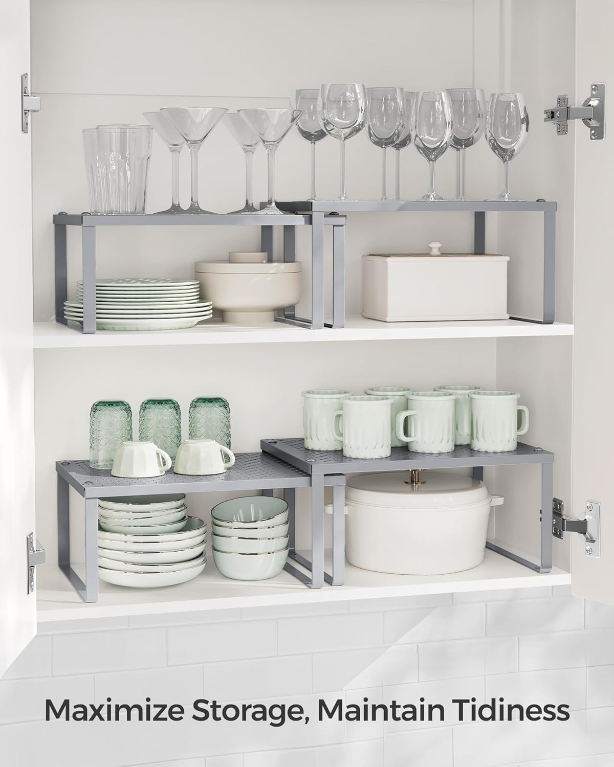 SONGMICS Spice Racks, Set of 2 Metal Cabinet Shelf Organizers, Countertop Organizers, Shelf Risers, Stackable, Expandable, Silver UKCS01SV