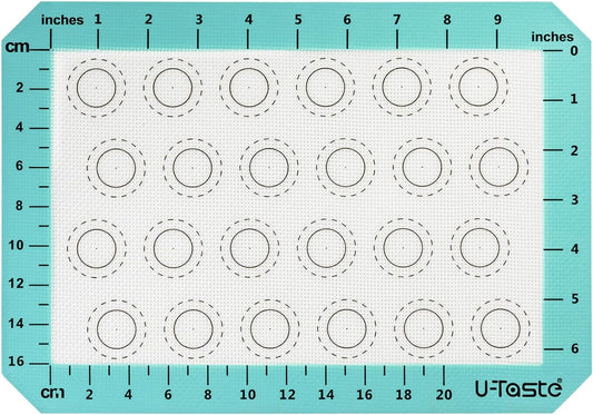 446ºF Heat Resistant Macaron Mat: U-Taste 11.75x8.25in Non Stick Silicone Baking Mat, Reusable Cookies Pastry Sheet Liner with Edge Enhancement & Circle Measurement for Cake Pan (Aqua Sky)