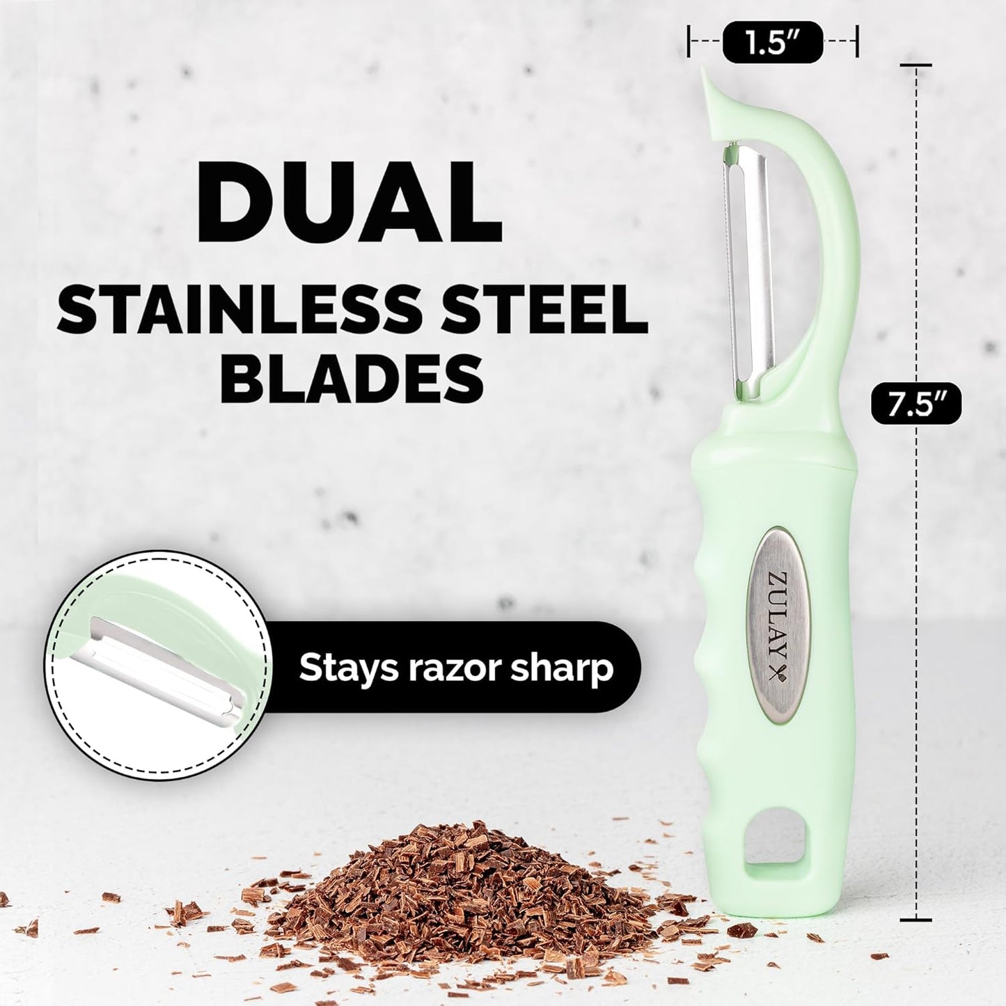 Zulay Kitchen Premium Vegetable Peeler for Kitchen - Swivel Peeler with Razor Sharp Stainless Steel Blades & Strong Ergonomic Handle - Dishwasher Safe, Easy To Use with Blemish Remover - Mint