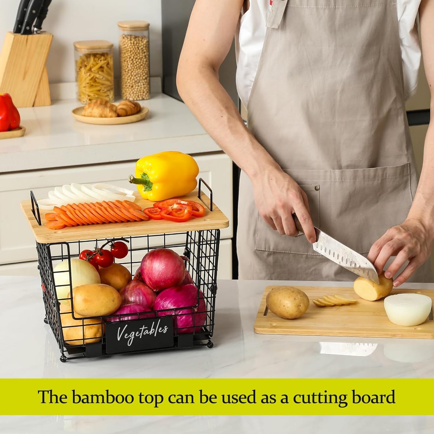 2 Set Large Stackable Wire Basket with Bamboo Tops & Tag- Pantry Organizer and Storage Bins, Kitchen Counter Cabinet Shelf Countertop Under Sink Organizing for Food Snack Produce Onion Potato Bread