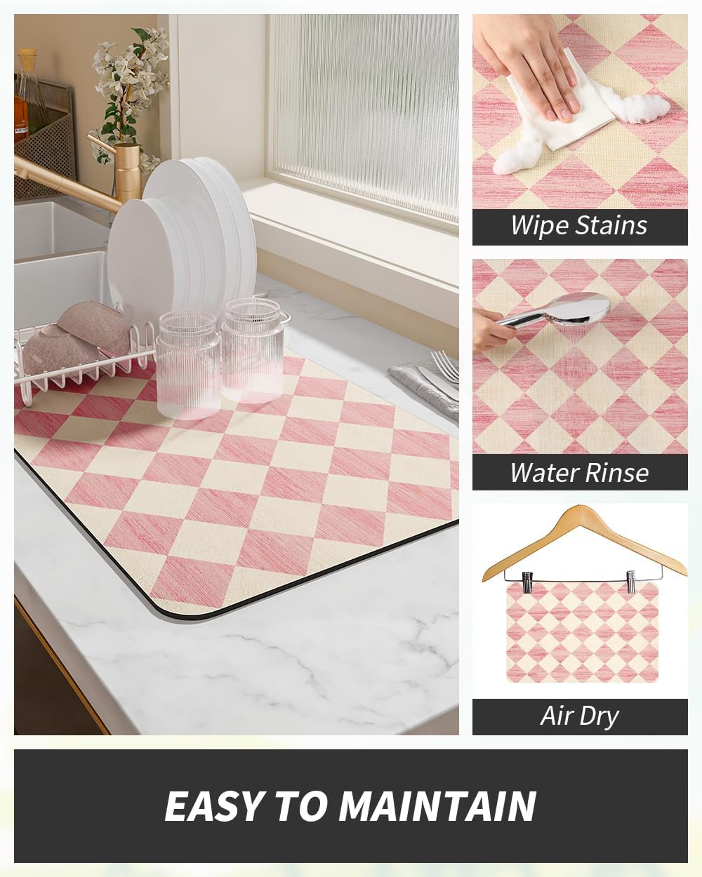 AMOAMI Coffee Mat Hide Stain Rubber Backed Absorbent Dish Drying Mat for Kitchen Counter - Fits Under Coffee Maker or Machine - PINK 16X24