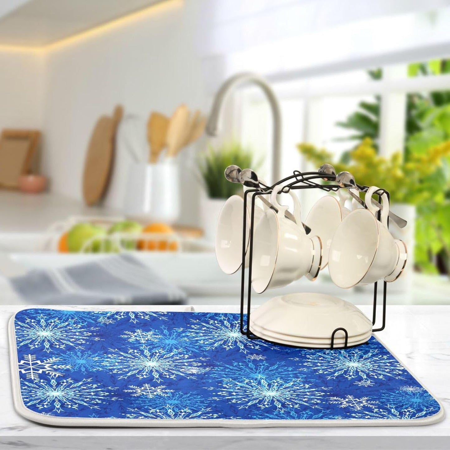 Blue Christmas Snowflakes Dish Drying Mat for Kitchen Counter Absorbent Microfiber Drying Pad, Large 18x24 in, Reversible Drainer Mats