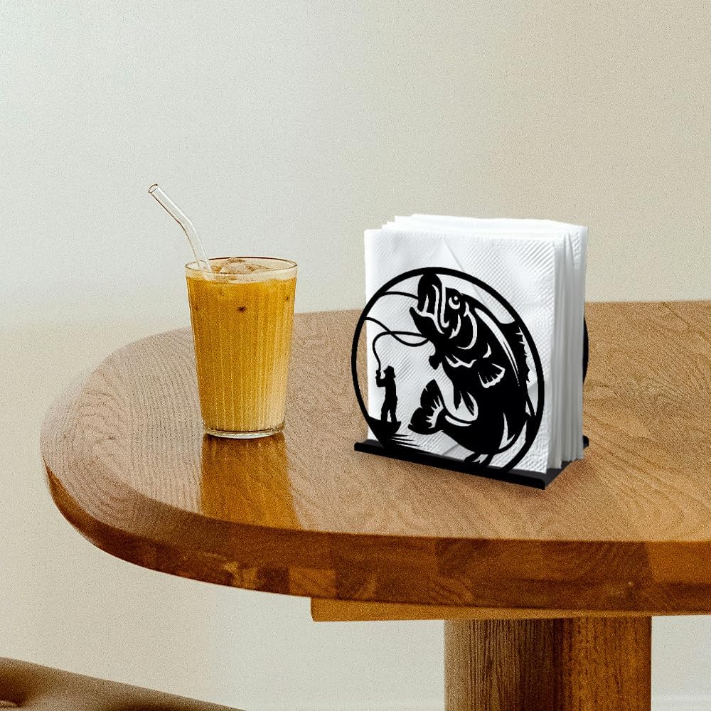 Fishing Decorative Black Metal Napkin Holder for Table, 5.3" x 4.9" x 1.9" Fisherman Fish Standing Napkin Holder for Home Kitchen Restaurant Picnic Party Coffee Bar Dining Room
