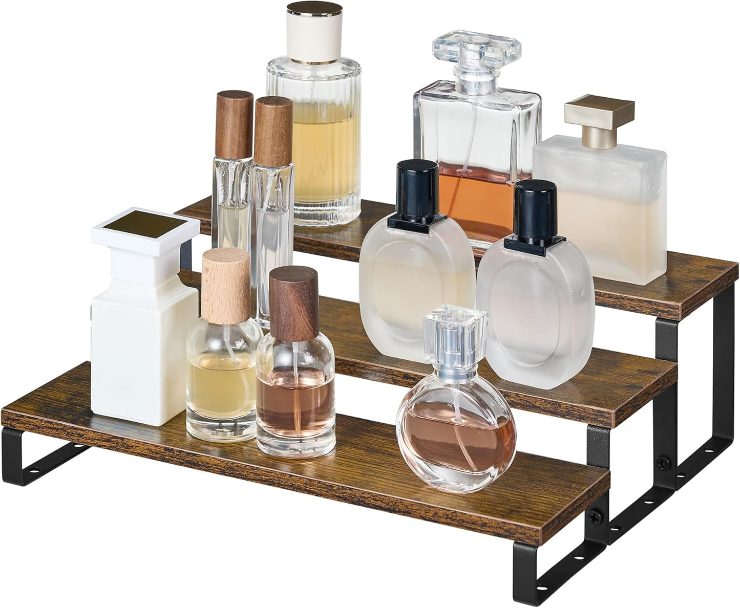 Spice Rack,Wooden Display Riser Stand, 3-Tier Perfume Stand and Cologne Organizer Stand, DIY Spice Rack Organizer, Display Shelf Metal Frame
