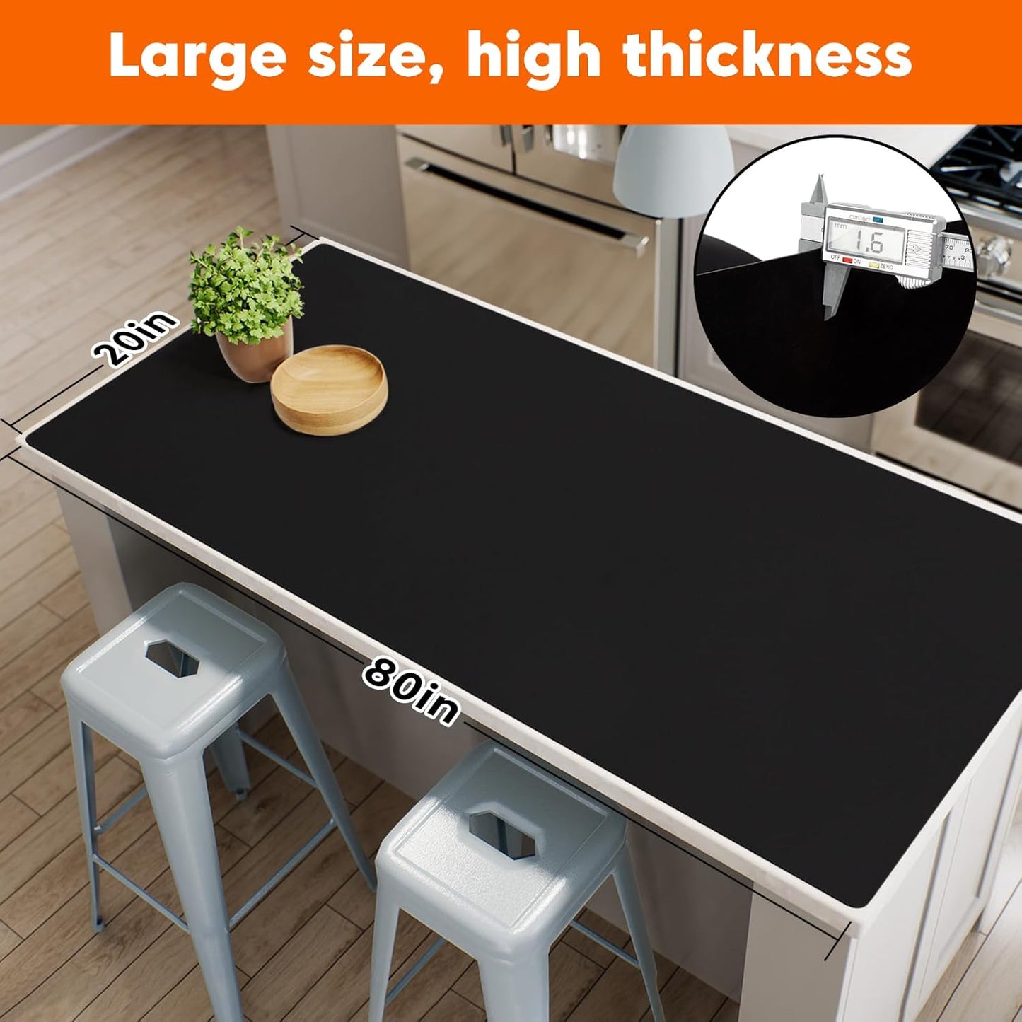 Extra Large Silicone Mat for Kitchen Counter, Heat Resistant Mats for Countertop, Bar mat, Skin-Friendly Surface Countertop Protector Mat, Pet Feeding Pad, Freely Cuttable (Black, 20"x80"x1.6 mm)