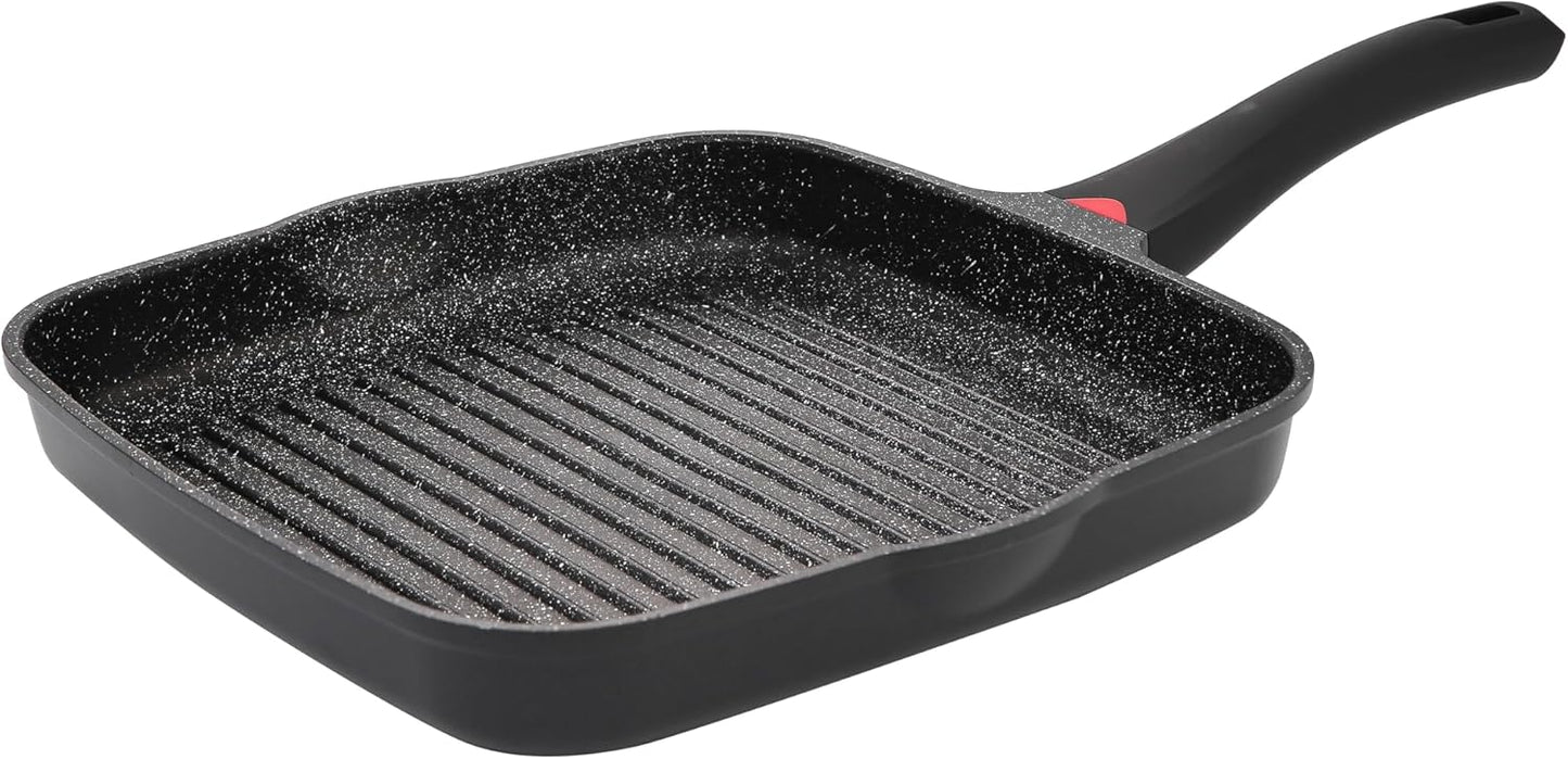 11 Inch Non Stick Grill Pan Granite Coated with Pour Spout - Lightweight 2.66 Quart Grill Pan for Indoor Cooking with Grip Handle - Induction Compatible PFOA Free Stove Top (Black)