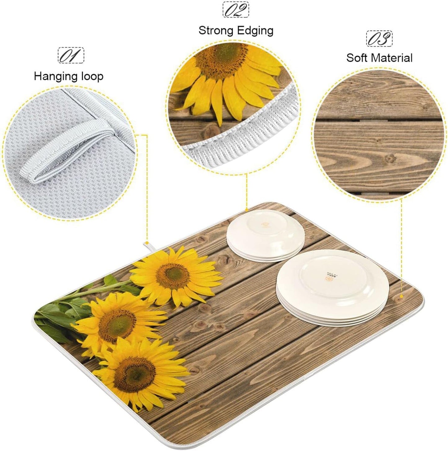 Super Absorbent Dish Drying Mat, Microfiber Fast-Drying Dish Mat, 16" x 18", Kitchen Dish Drying Pad, Sunflowers On The Wooden