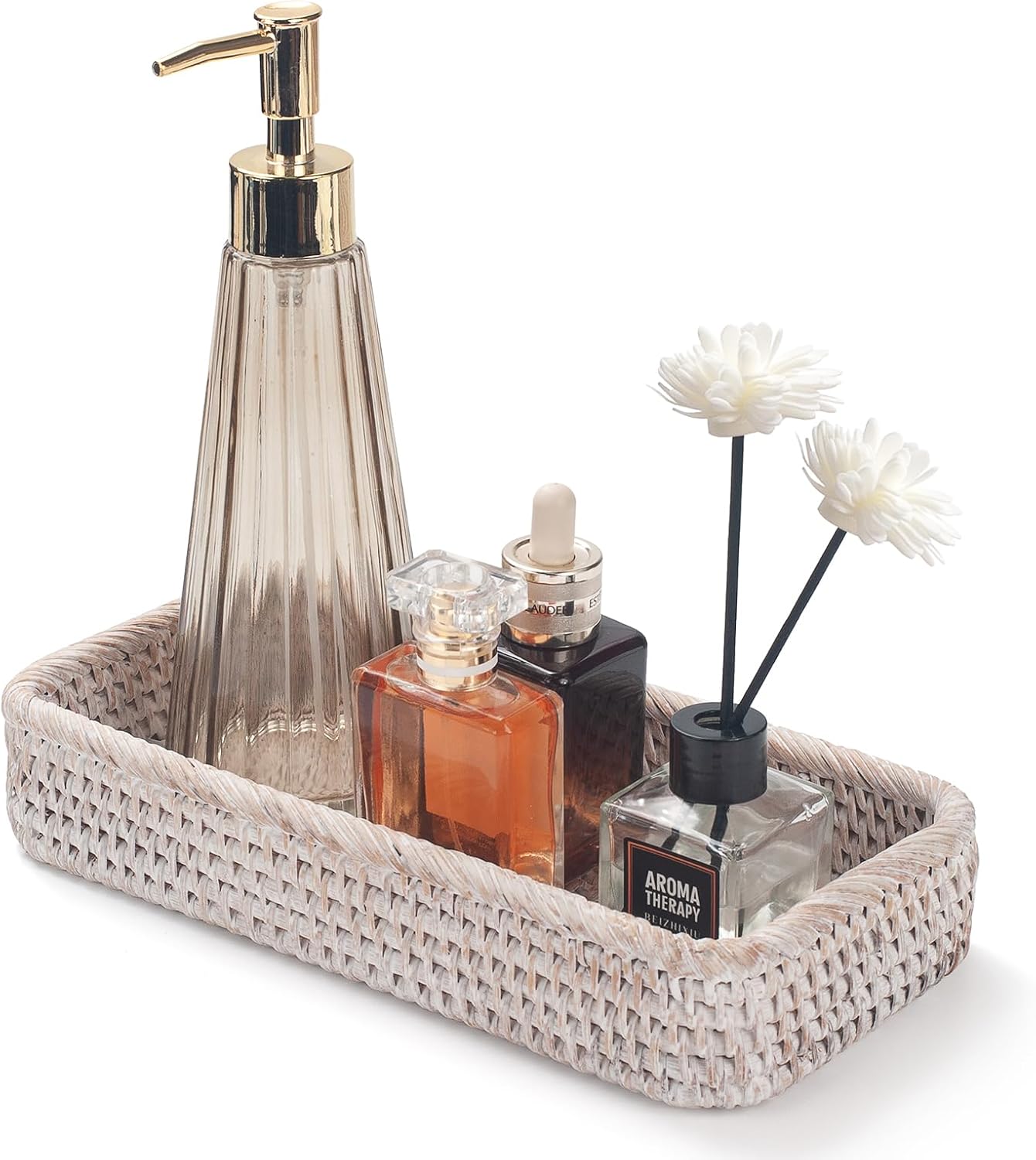 Rattan Bathroom Vanity Trays Toilet Tank Baskets Long Narrow Hand Towel Storage Basket for Storage, Decorative (Whitewash 10.2 x 4.9 x 1.6 inch)