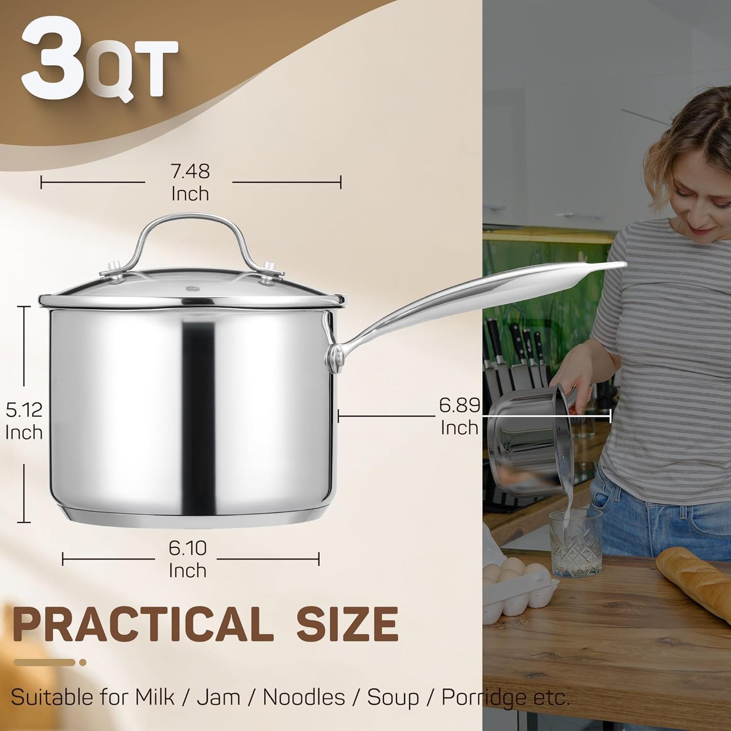 3 Qt Stainless Steel Saucepan with Glass Strainer Lid, 3 Quart Pot Stainless Steel Sauce Pan with Pour Spout, Mirror Polishing, Compatible with All Cooktops Dishwasher Safe Oven Safe