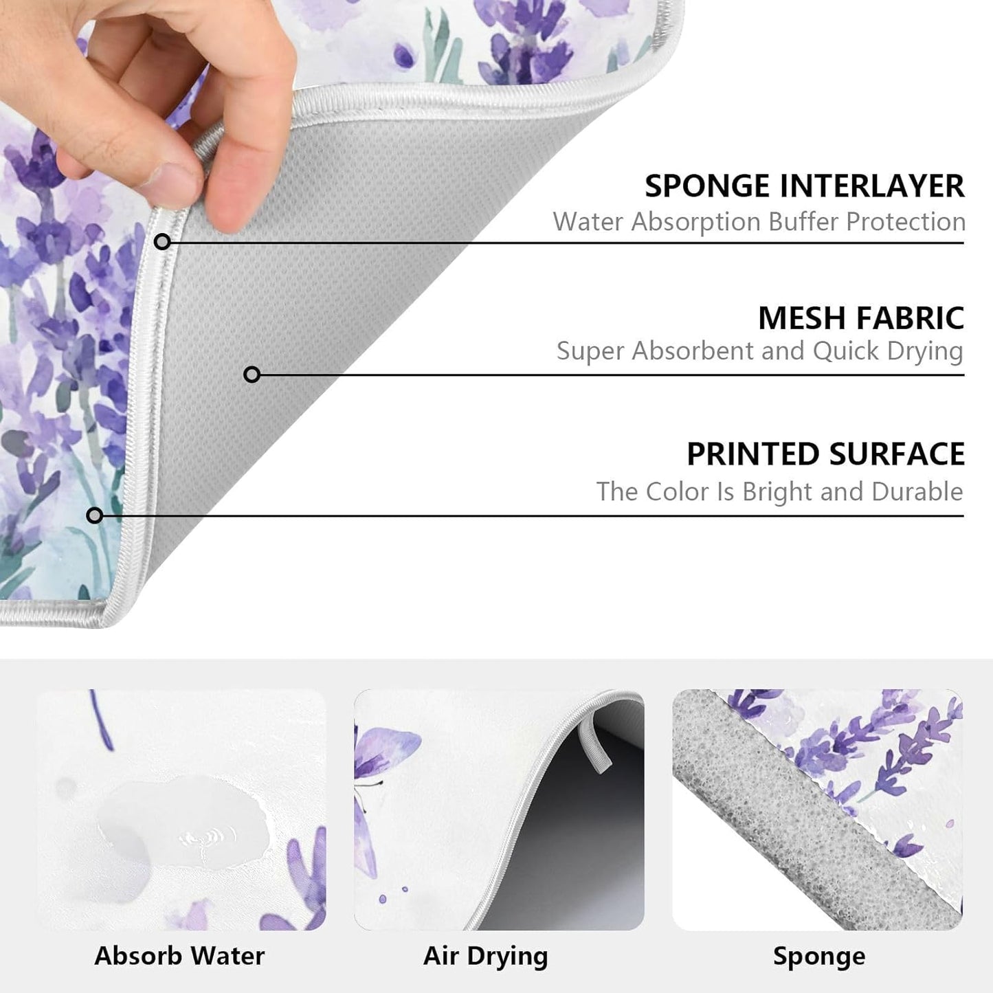 Purple Lavender Spring Summer Flower Floral Dish Drying Mat for Kitchen Counter Absorbent Microfiber Small Drying Pad Dish mats for Kitchen Countertops 16 x 18 Inch