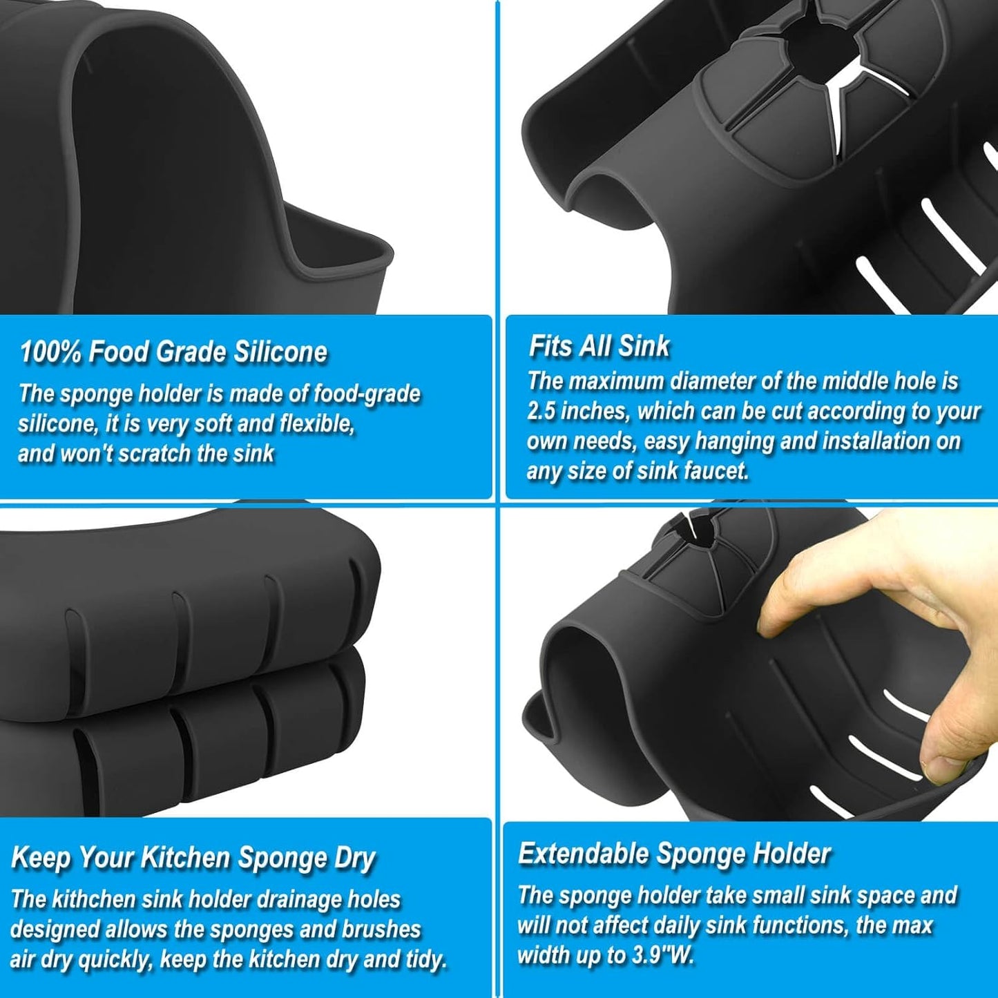 Sponge Holder for Kitchen Sink, Silicone Sink Saddle Caddy Organizer Rack, Sponges Holder Over Faucet, Hanging Kitchen Organizer Accessories Rack Basket Black