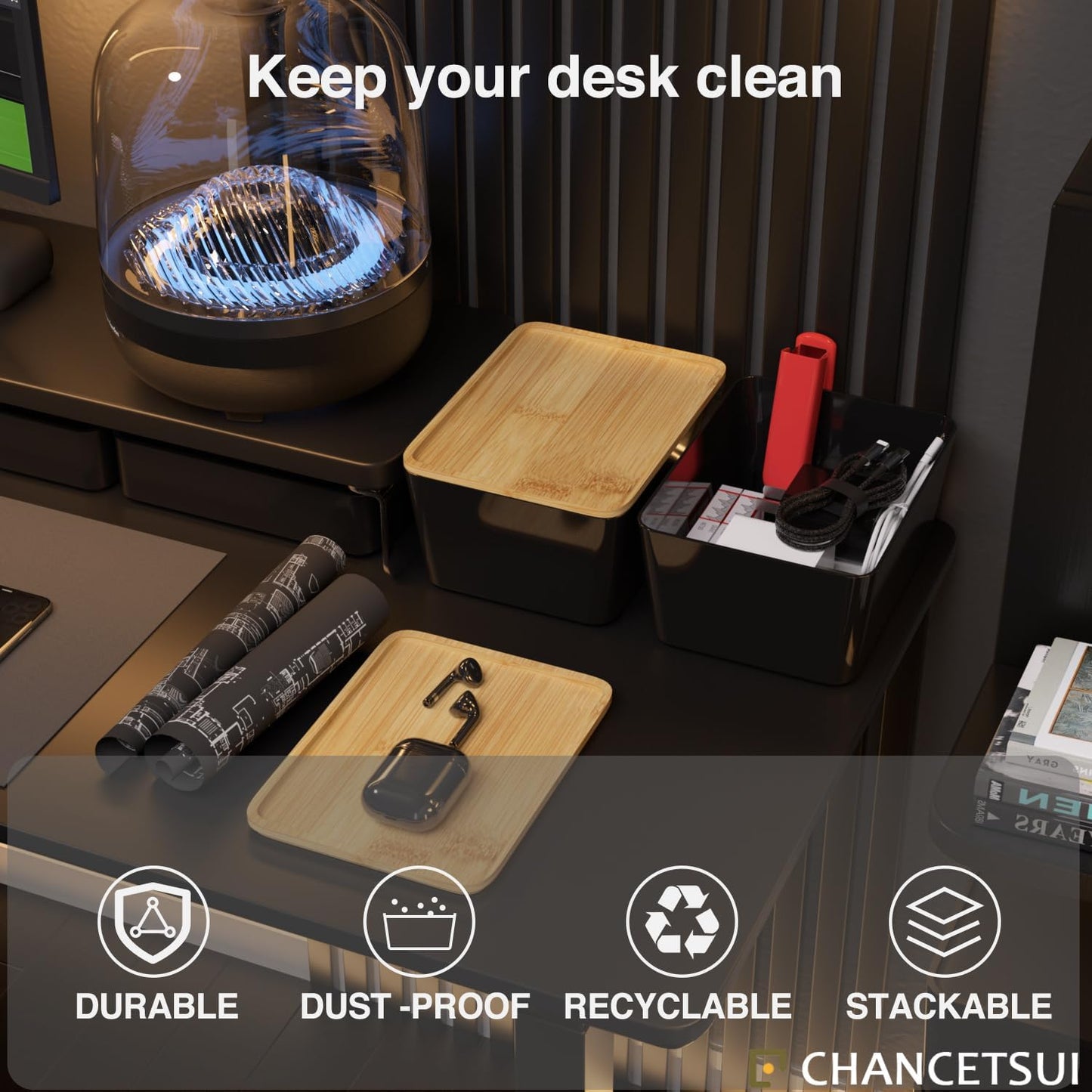 CHANCETSUI Stackable Storage Bins lids For Workplace: 5X7 Black Storage bins, Office Desk Accessories Storage Containers with Lids, Stackable Bins for Home and Office Organization, bamboo Lid, 2 Pack