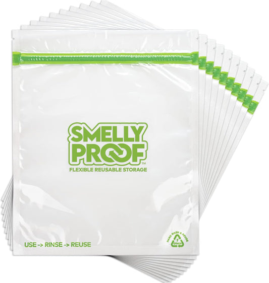 Smelly Proof Reusable Food Storage Bags Designed & MFG, USA MADE, Dishwasher-Safe, Easy-To-Clean, BPA FREE, NO PEVA, Clear FLAT Large 3-mil Thick, 8.5" x 10", Quart Size Bags, 10-Pack