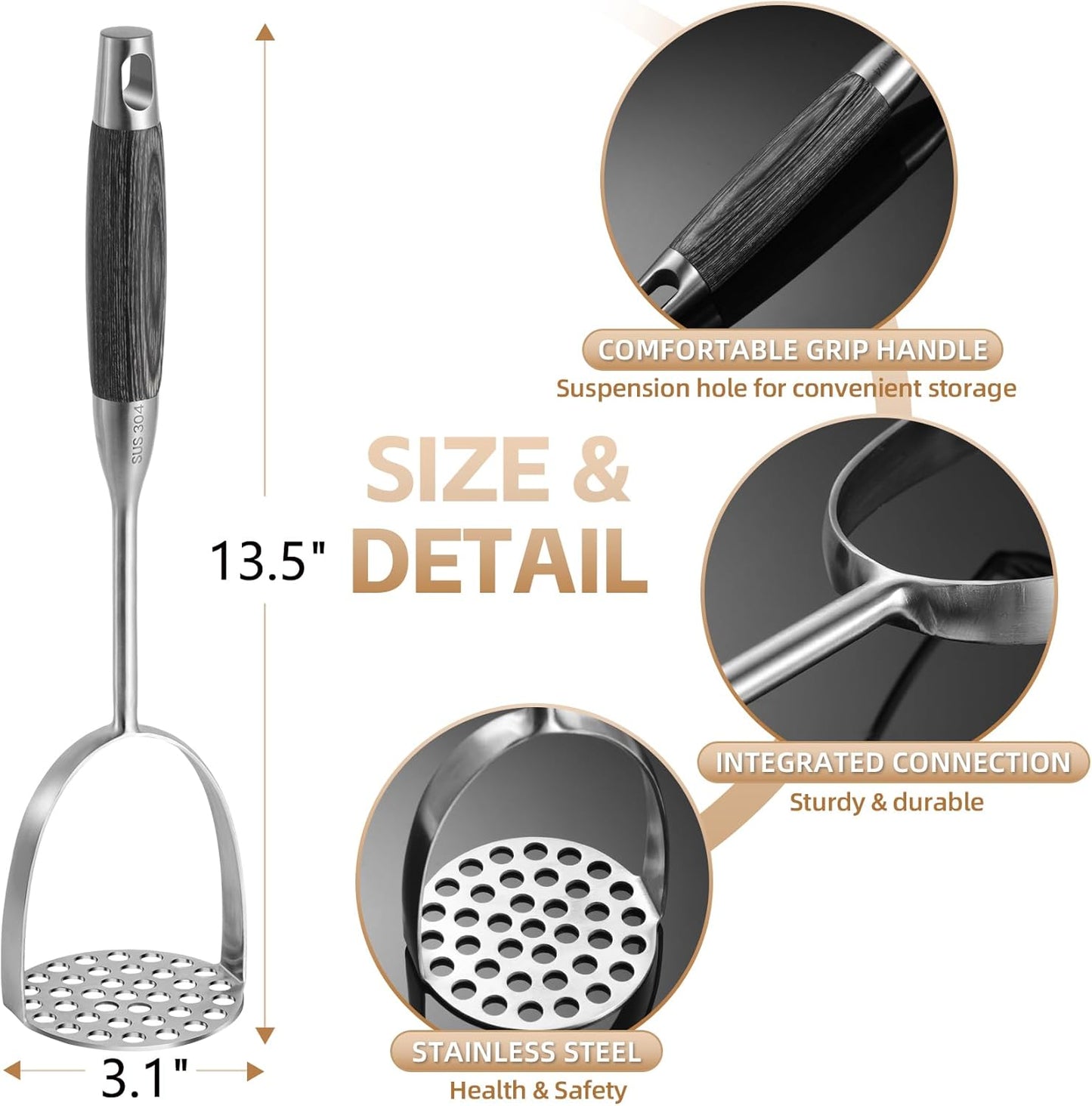 Potato Masher Stainless Steel,Wooden handle Potatoes Smasher, Manual Mashed Potato Masher Kitchen Tool for Avocado,Potatoes, Vegetables, 13.5Inch Long handle Large Heavy Duty Metal Mashing Utensil