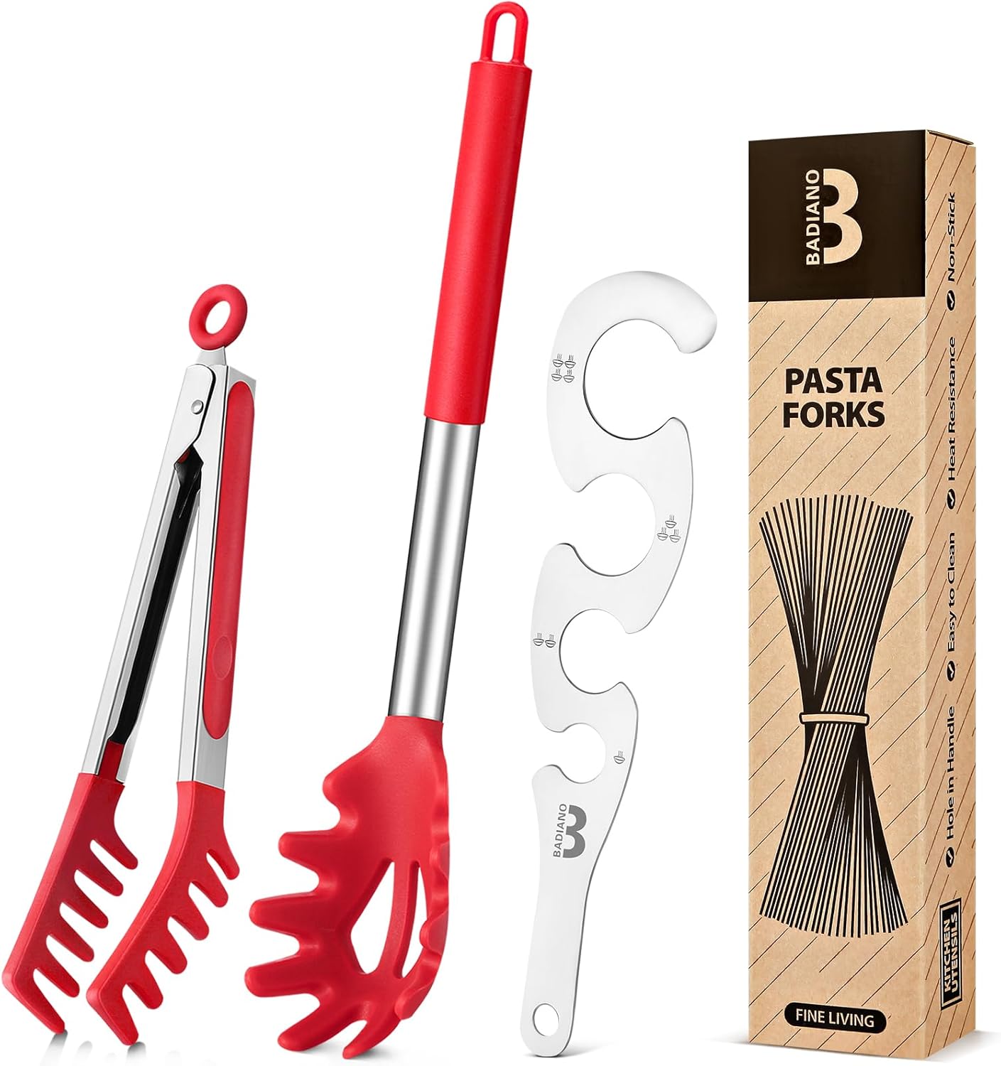 Silicone Spaghetti Spoon & Pasta Tong With Pasta Measurer, 3 Pack of Non-Stick Stainless Steel Handle Pasta Fork Set with Teeth, Food Clip for Easy Serving of Noodles (RED)