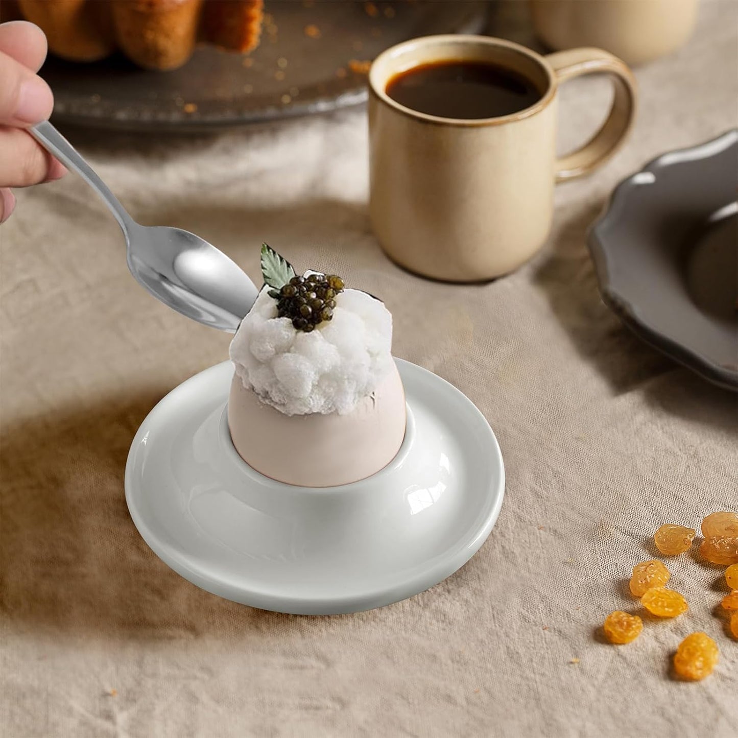 Cinf Ceramic White Egg Holder Set of 2 Porcelain Holder With 2 Stainless Steels Egg Spoons Breakfast Boiled Cooking Easy to Clean Childhood Memories Kitchen